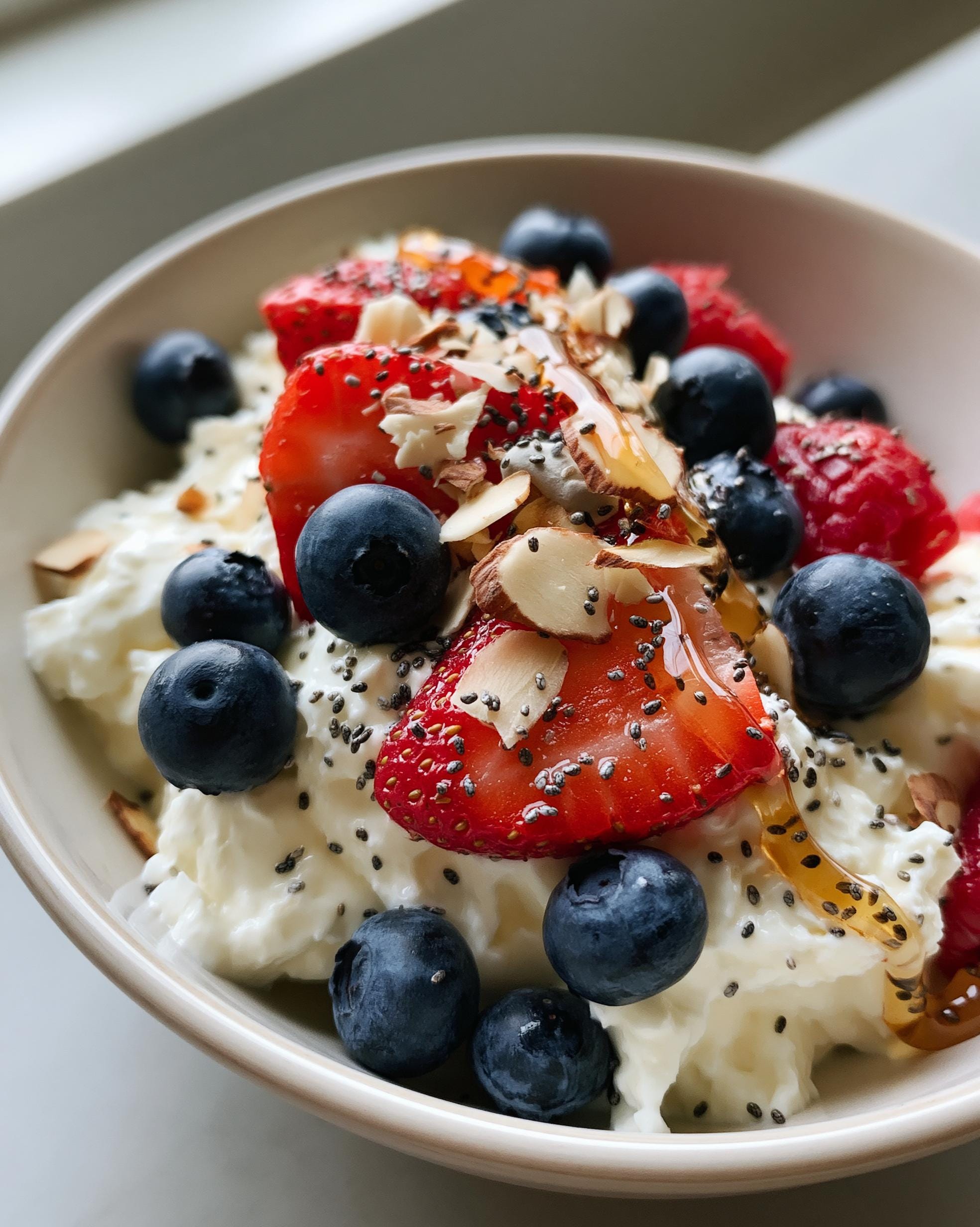 Close-up of a Cottage Cheese Breakfast Bowl topped with fresh strawberries, blueberries, raspberries, chia seeds, sliced almonds, and a drizzle of honey.