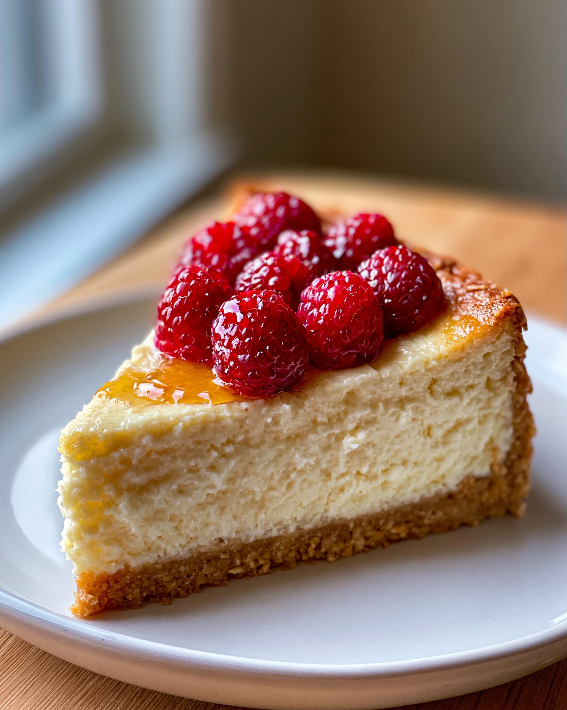 A tempting slice of Cottage Cheese Cheesecake topped with fresh raspberries and a drizzle of honey.