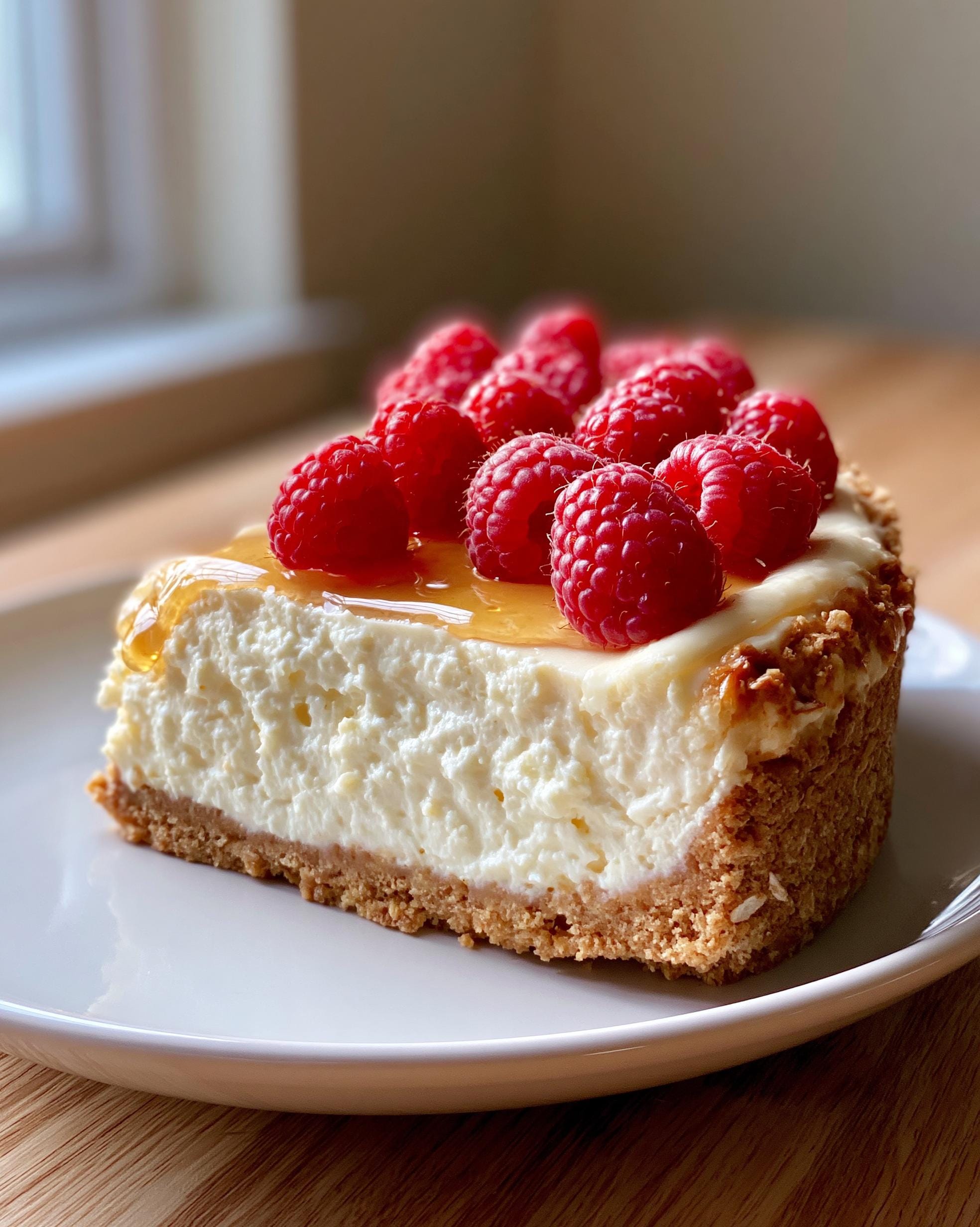 A slice of creamy Cottage Cheese Cheesecake topped with fresh raspberries and drizzled with honey.