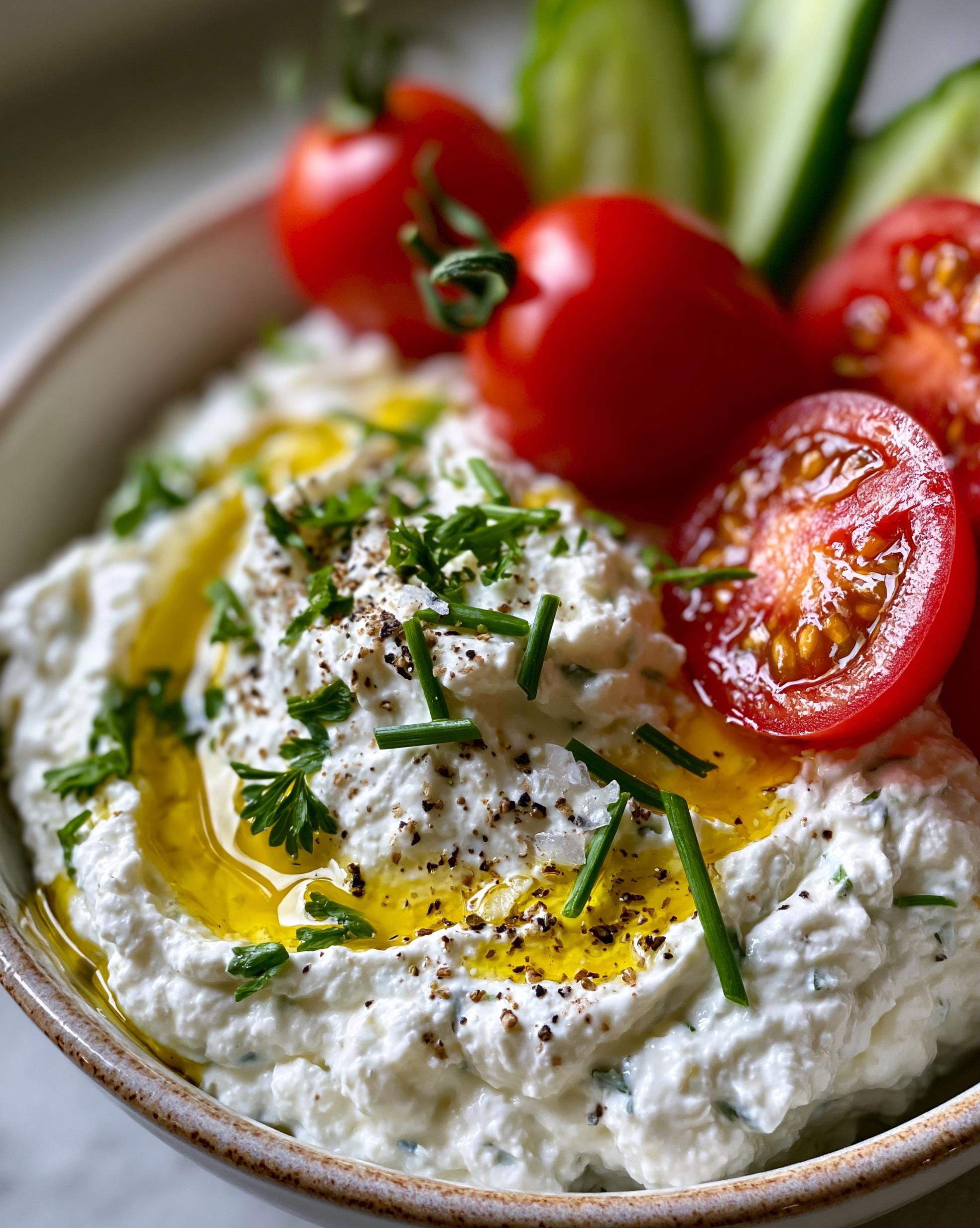 Close-up of a creamy Cottage Cheese Dip drizzled with olive oil and topped with fresh herbs, cherry tomatoes, and cucumber slices.