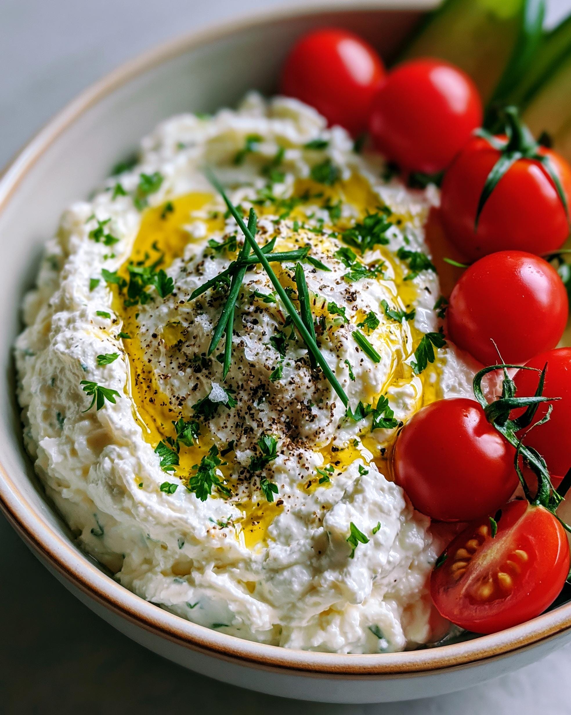 A bowl of creamy cottage cheese dip, drizzled with olive oil and topped with fresh herbs, served with cherry tomatoes and cucumber slices.