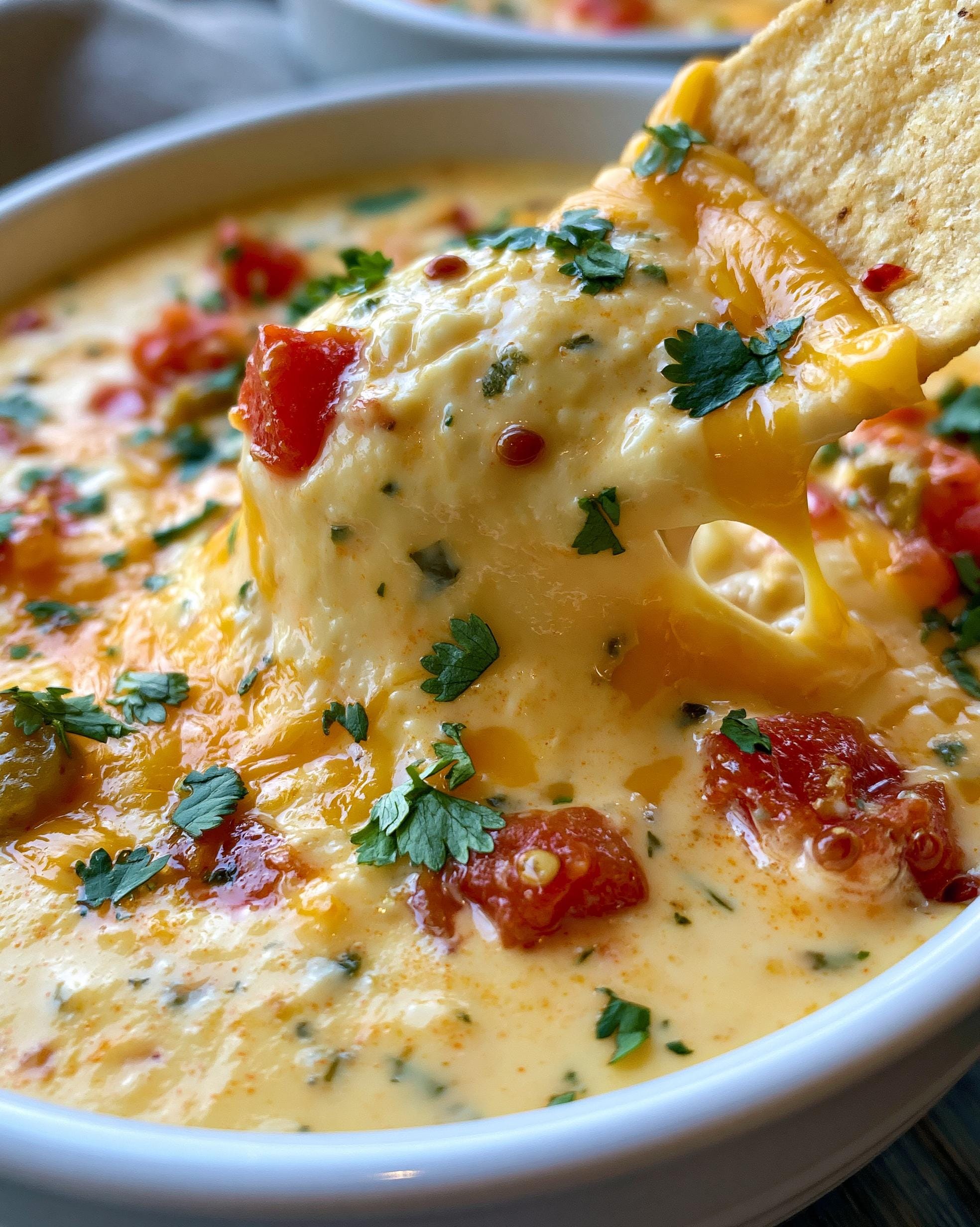 A tortilla chip dipping into a bowl of creamy Cottage Cheese Queso with diced tomatoes and cilantro.