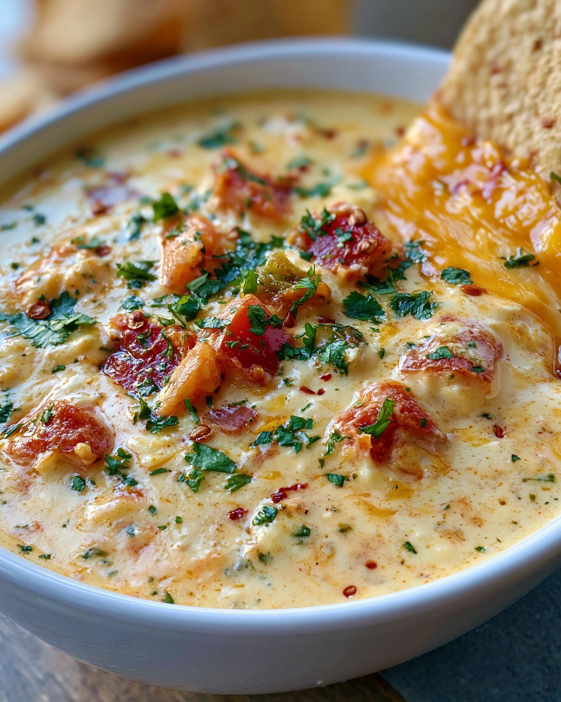 A close-up of a bowl of creamy Cottage Cheese Queso, topped with diced tomatoes, herbs, and a tortilla chip dipping in.