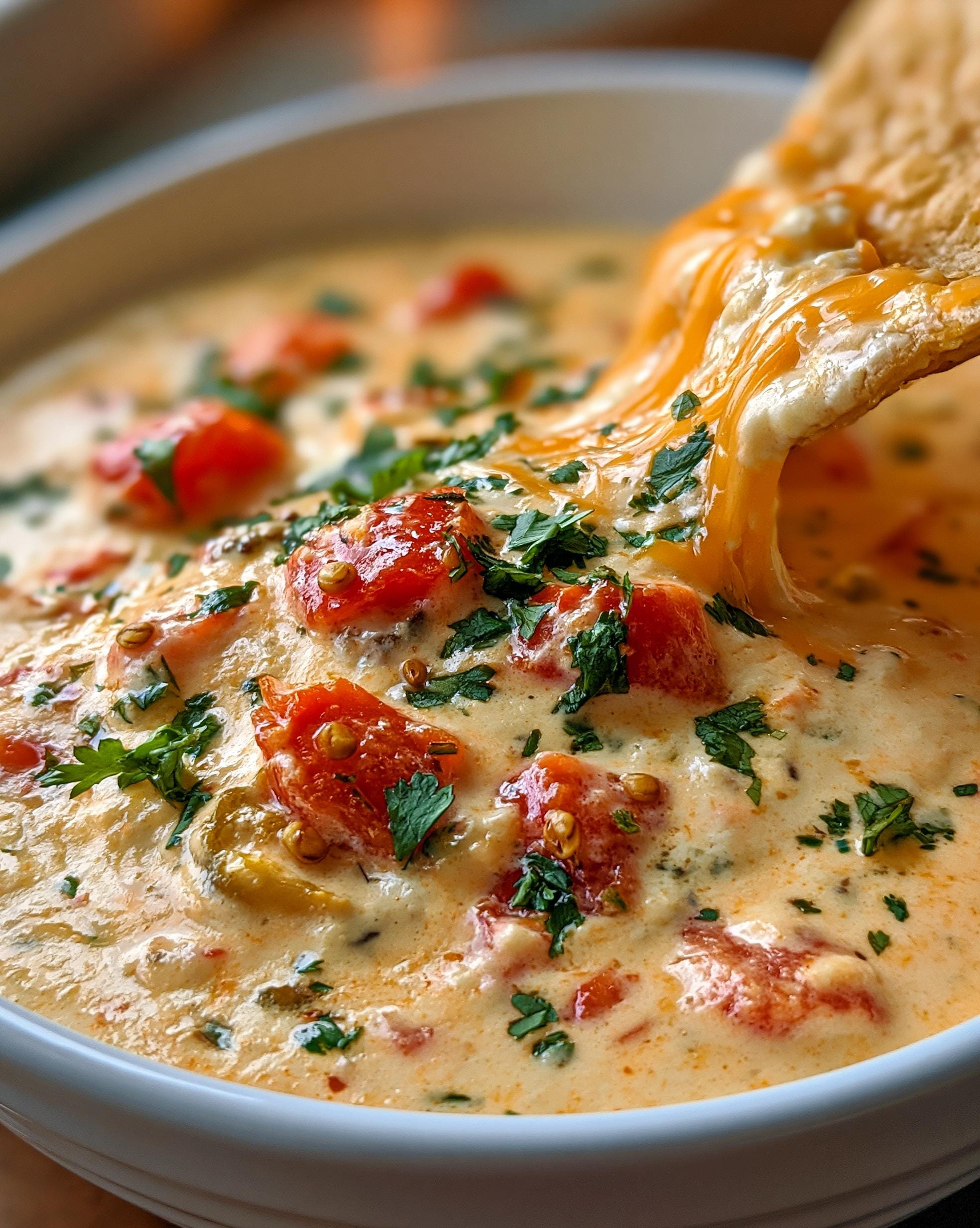 A scoop of creamy Cottage Cheese Queso with diced tomatoes and cilantro, with a chip dipping into the gooey cheese.