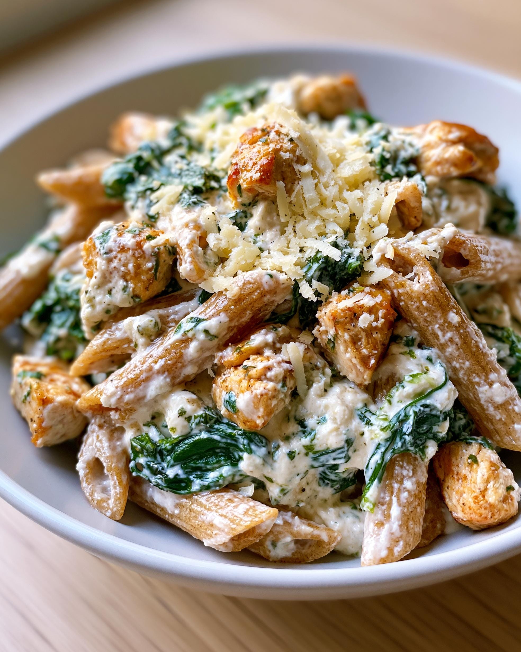A bowl of creamy protein pasta lunch featuring whole wheat penne, chicken pieces, spinach, and grated cheese.