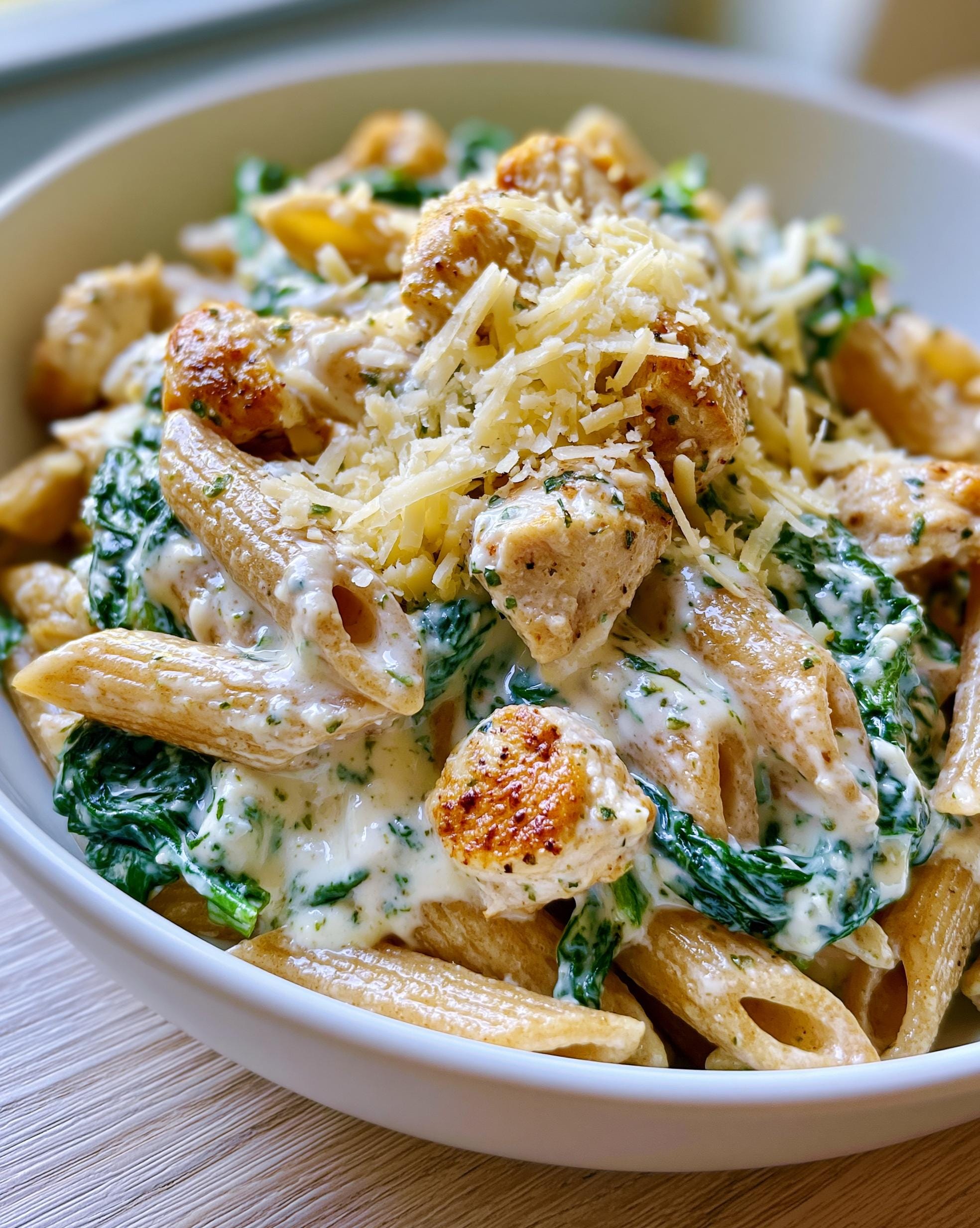 Close-up of a bowl of creamy protein pasta lunches featuring penne pasta, chicken pieces, and spinach, topped with shredded cheese.