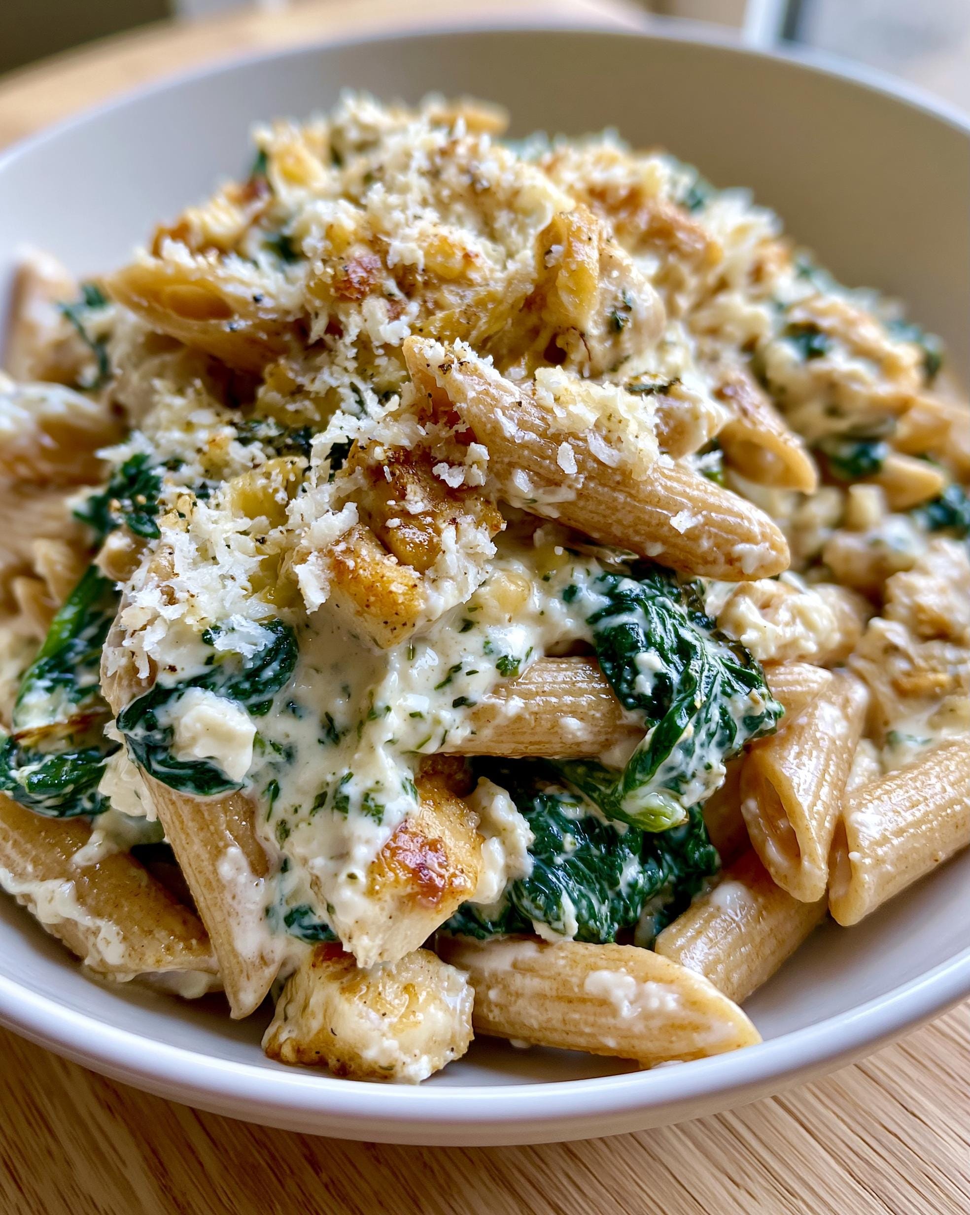 Close-up of a bowl filled with creamy protein pasta lunches, featuring penne pasta, chicken pieces, and spinach in a rich sauce, topped with cheese.