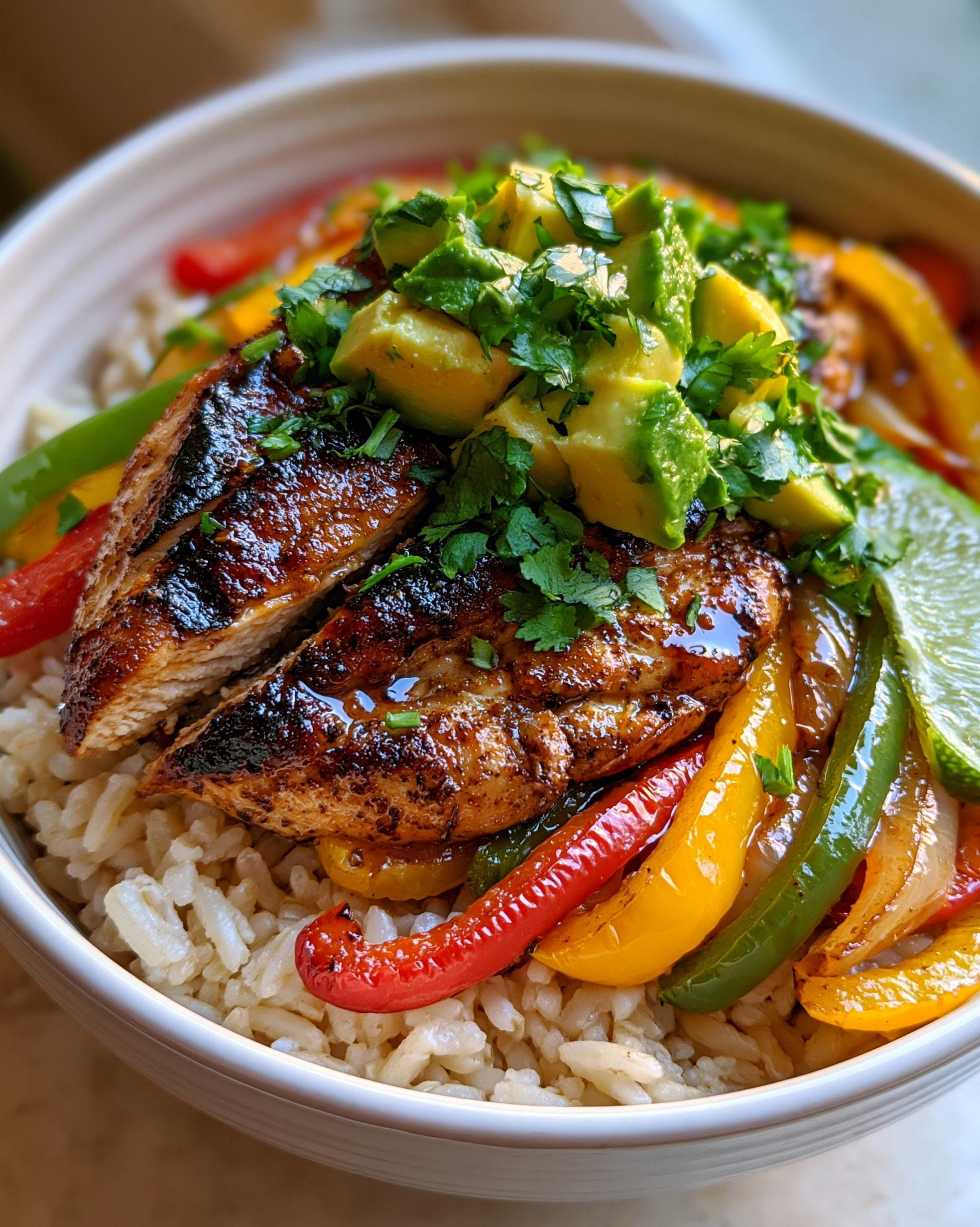 A delicious Easy Chicken Fajita Bowl Recipe with grilled chicken, colorful bell peppers, rice, and avocado.