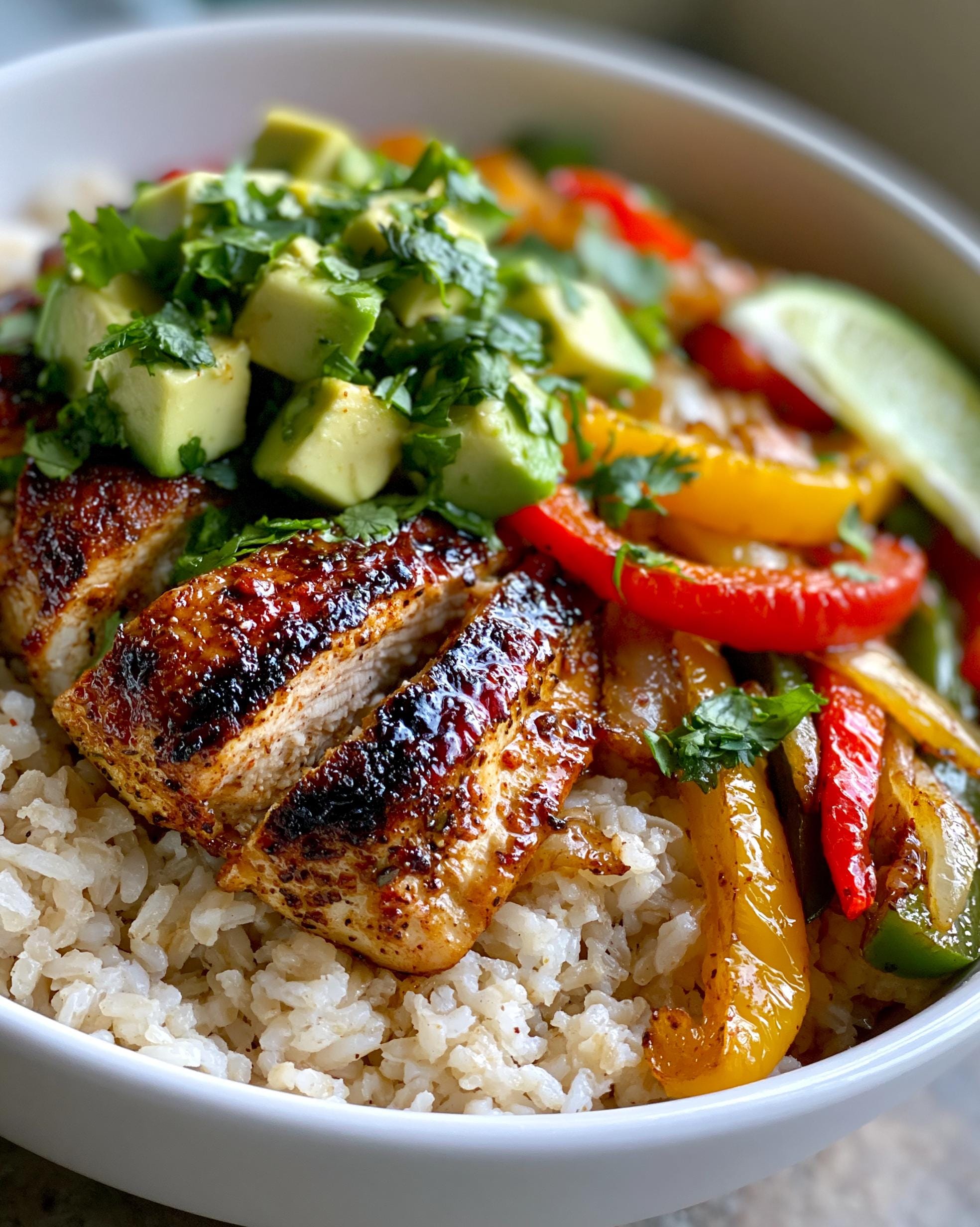A close-up of an Easy Chicken Fajita Bowl Recipe with seasoned chicken, colorful bell peppers, rice, and diced avocado.