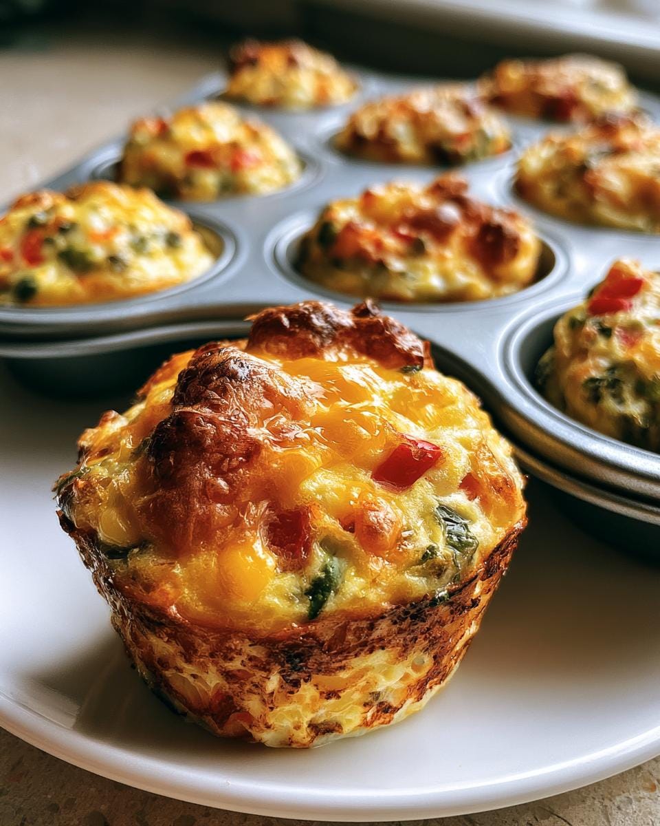 Close-up of a golden-brown egg muffin cup filled with vegetables and cheese, with more egg muffin cups in a muffin tin behind.