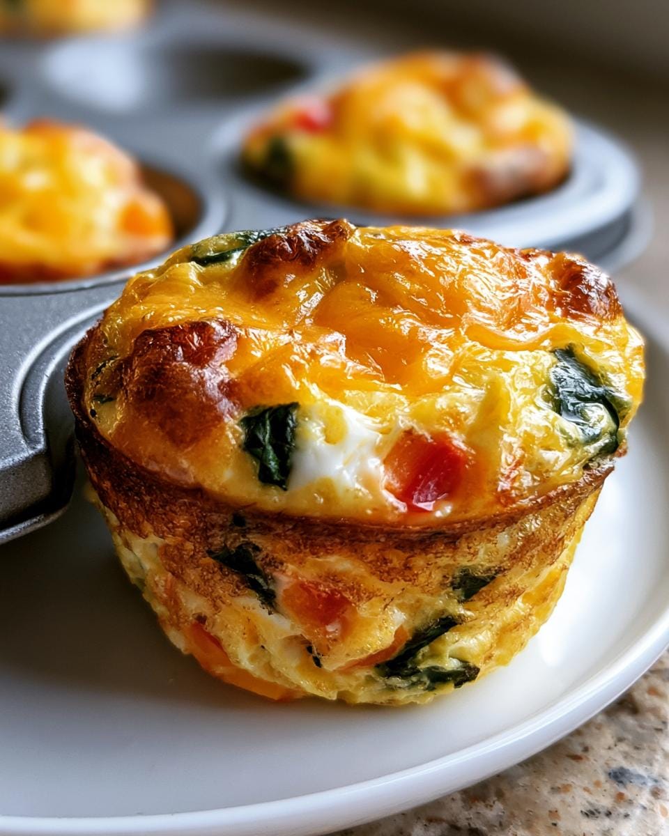 Close-up of a golden-brown egg muffin cup filled with spinach, red peppers, and melted cheese.