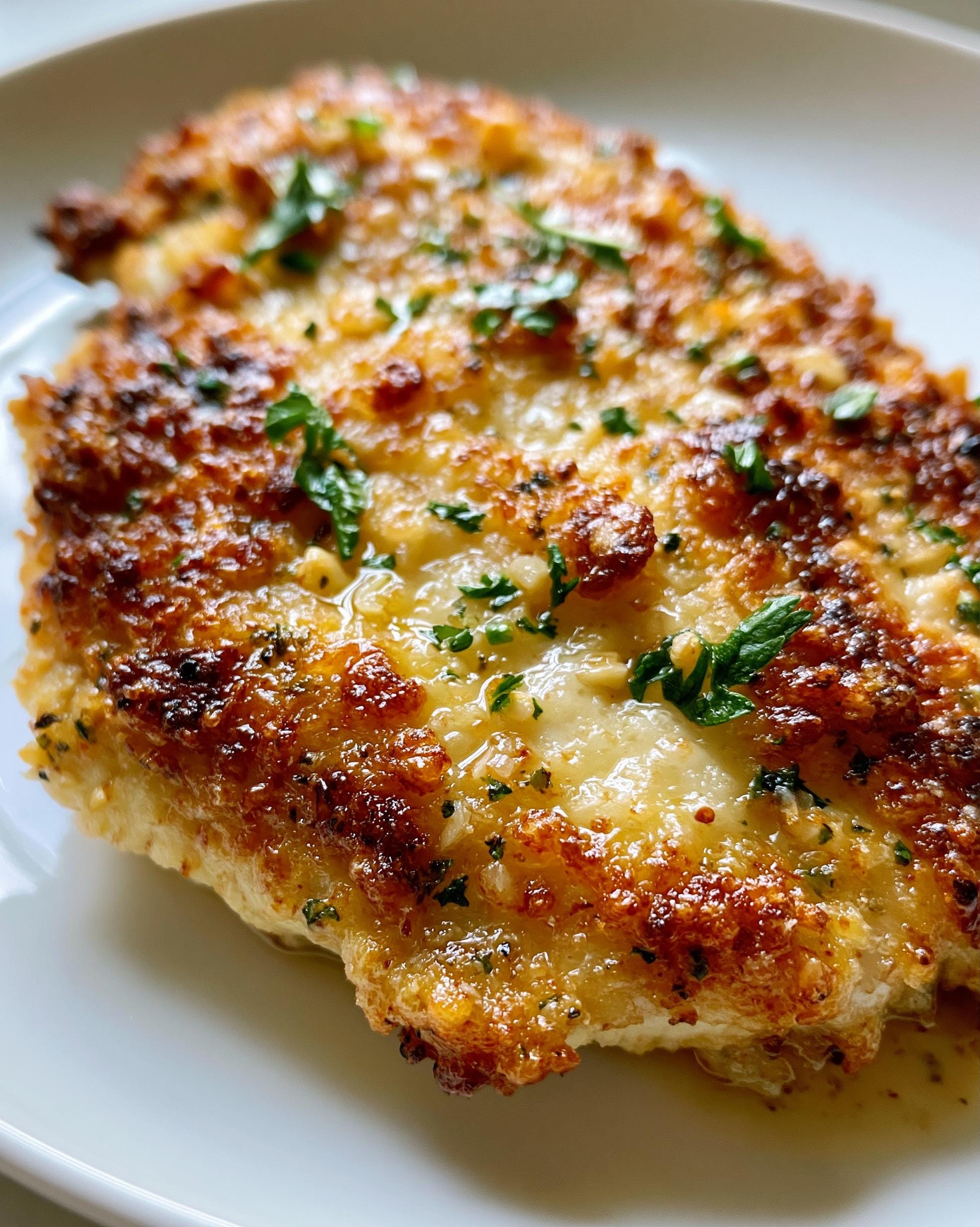 Close-up of a perfectly cooked Garlic Parmesan Chicken breast, golden brown and topped with fresh parsley.