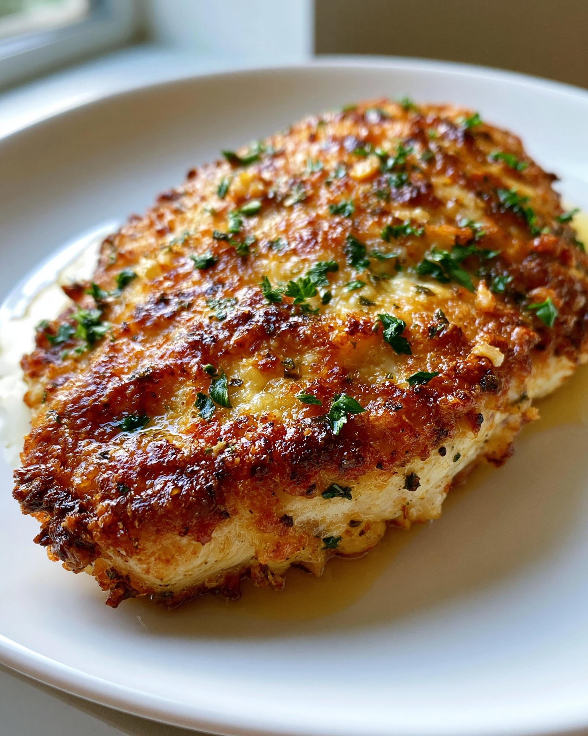 Close-up of a golden-brown Garlic Parmesan Chicken breast, garnished with fresh parsley, on a white plate.