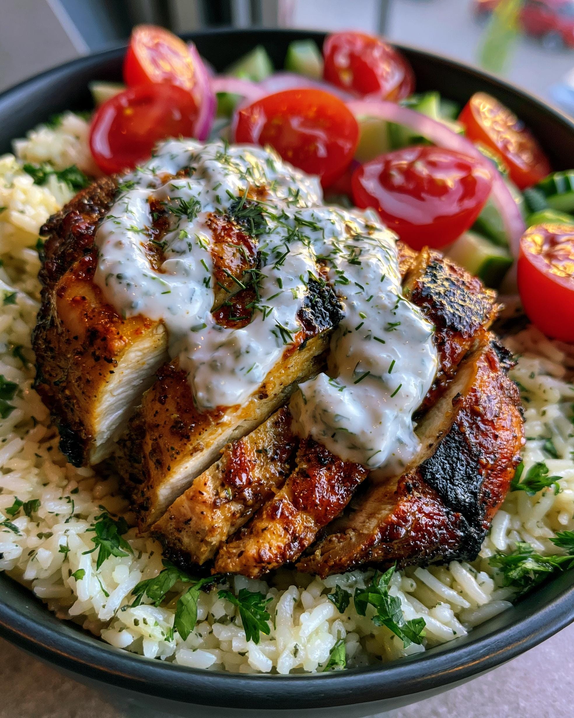 Close-up of a Greek Chicken Meal Prep bowl featuring sliced grilled chicken, rice, tomatoes, cucumber, red onion, and tzatziki sauce.
