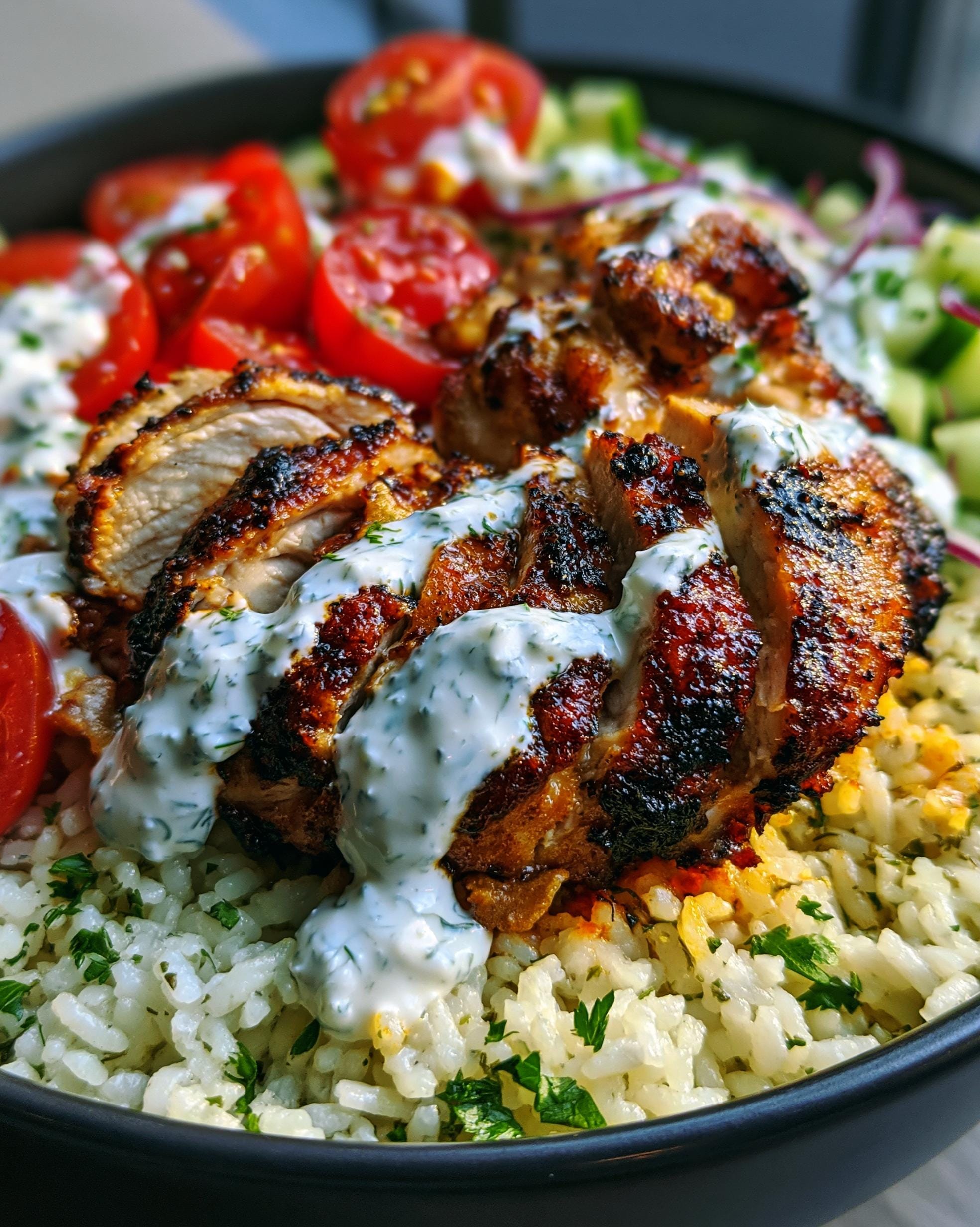 Close-up of a Greek Chicken Meal Prep bowl featuring sliced grilled chicken, rice, cherry tomatoes, cucumber, and a creamy herb sauce.