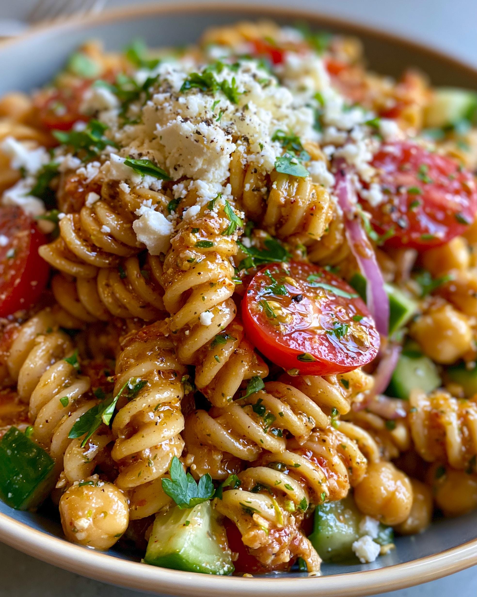 Close-up of a vibrant Greek Pasta Salad featuring rotini pasta, chickpeas, tomatoes, cucumber, and crumbled feta cheese.