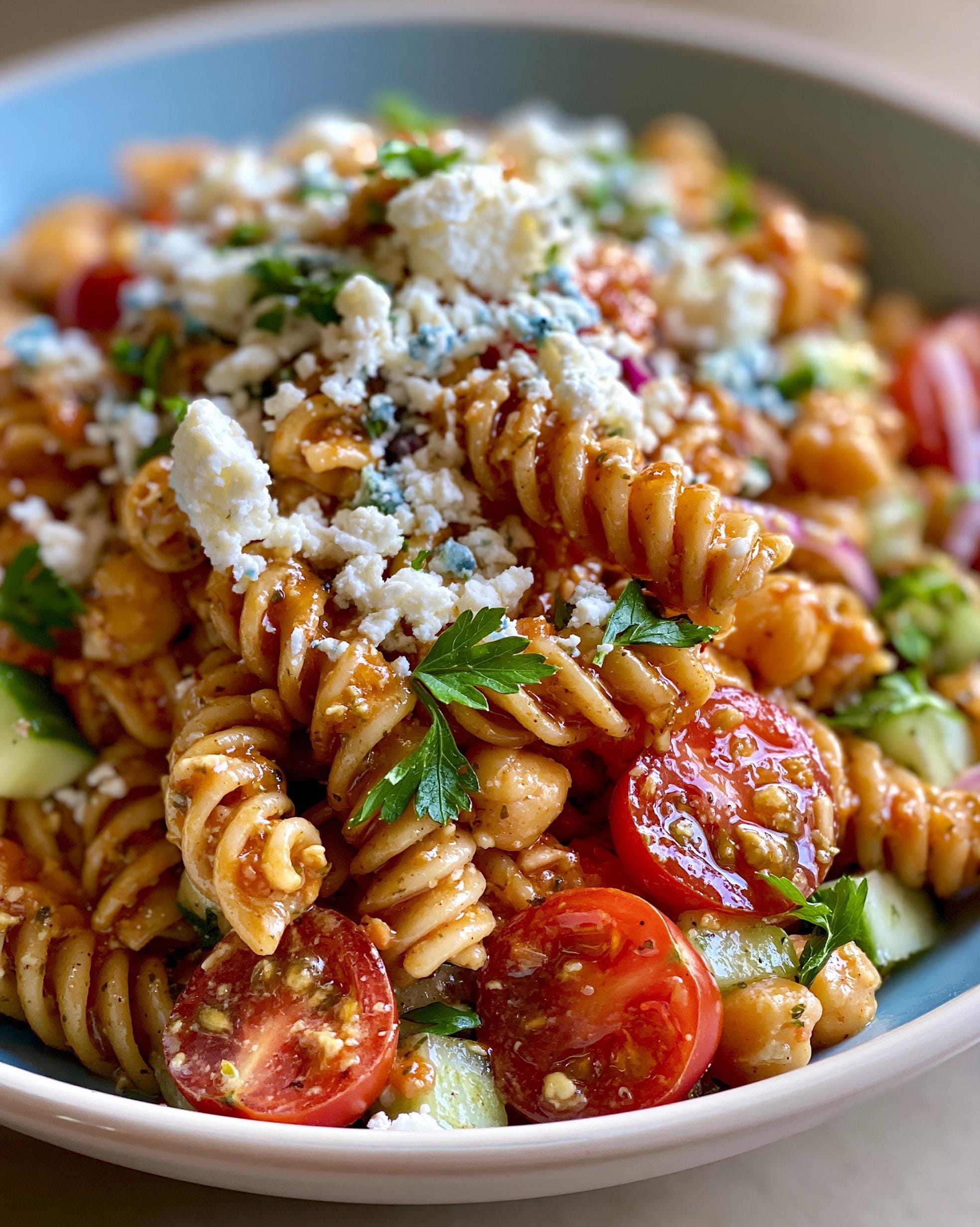 A close-up of a vibrant Greek Pasta Salad featuring rotini pasta, cherry tomatoes, cucumber, chickpeas, and crumbled feta cheese.