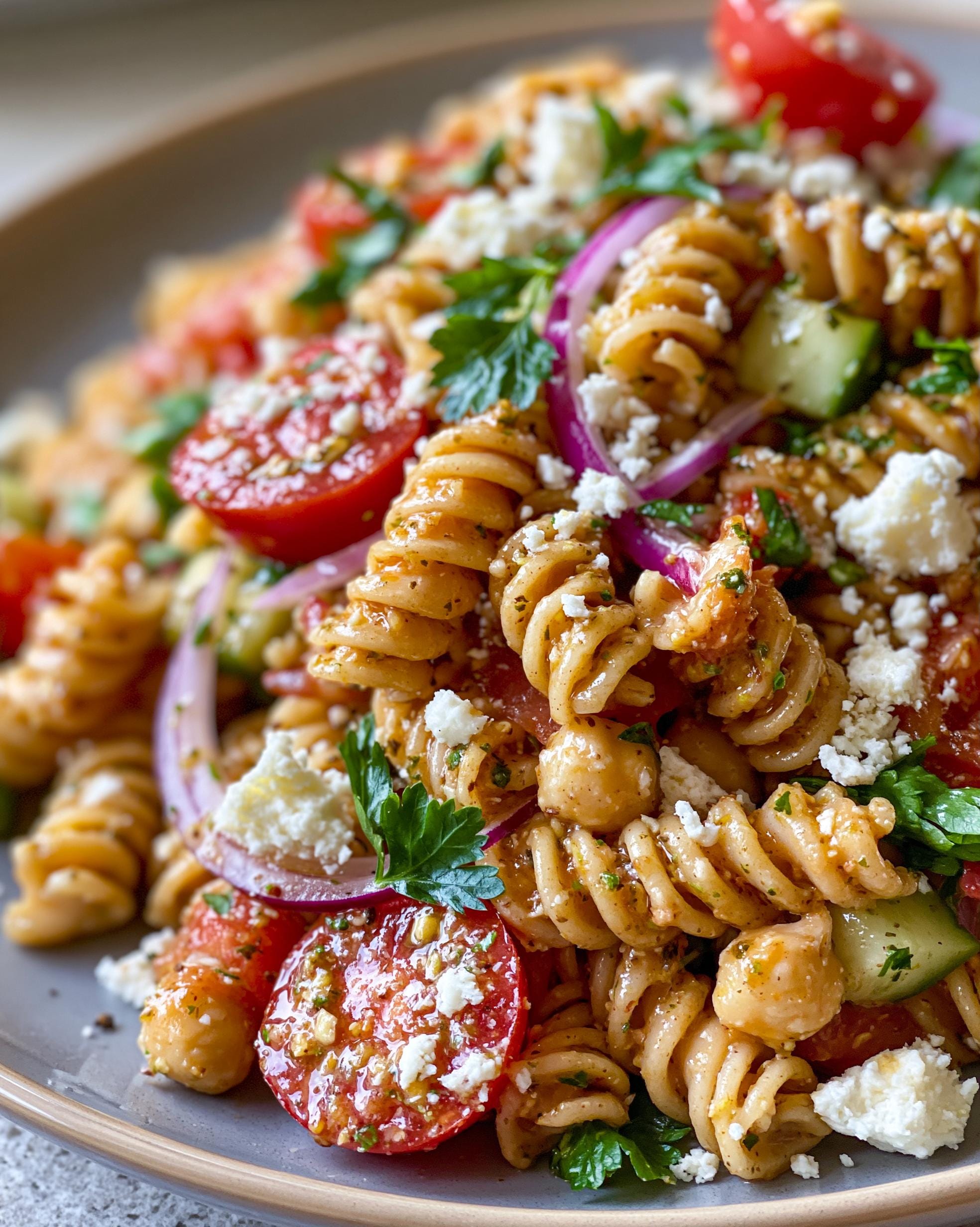 A close-up of a vibrant Greek Pasta Salad featuring fusilli pasta, cherry tomatoes, cucumber, red onion, feta cheese, and fresh parsley.