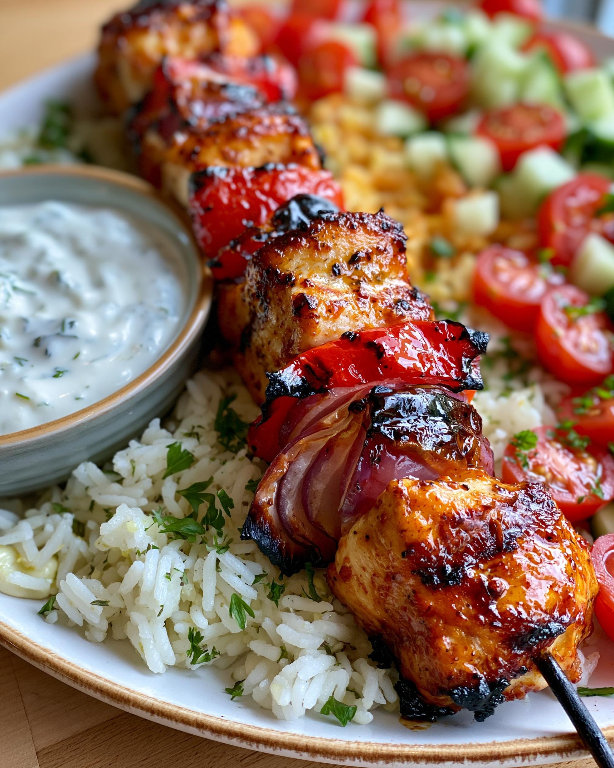 Close-up of a juicy grilled chicken skewer with red peppers and onions, served with rice and a side of yogurt dip.