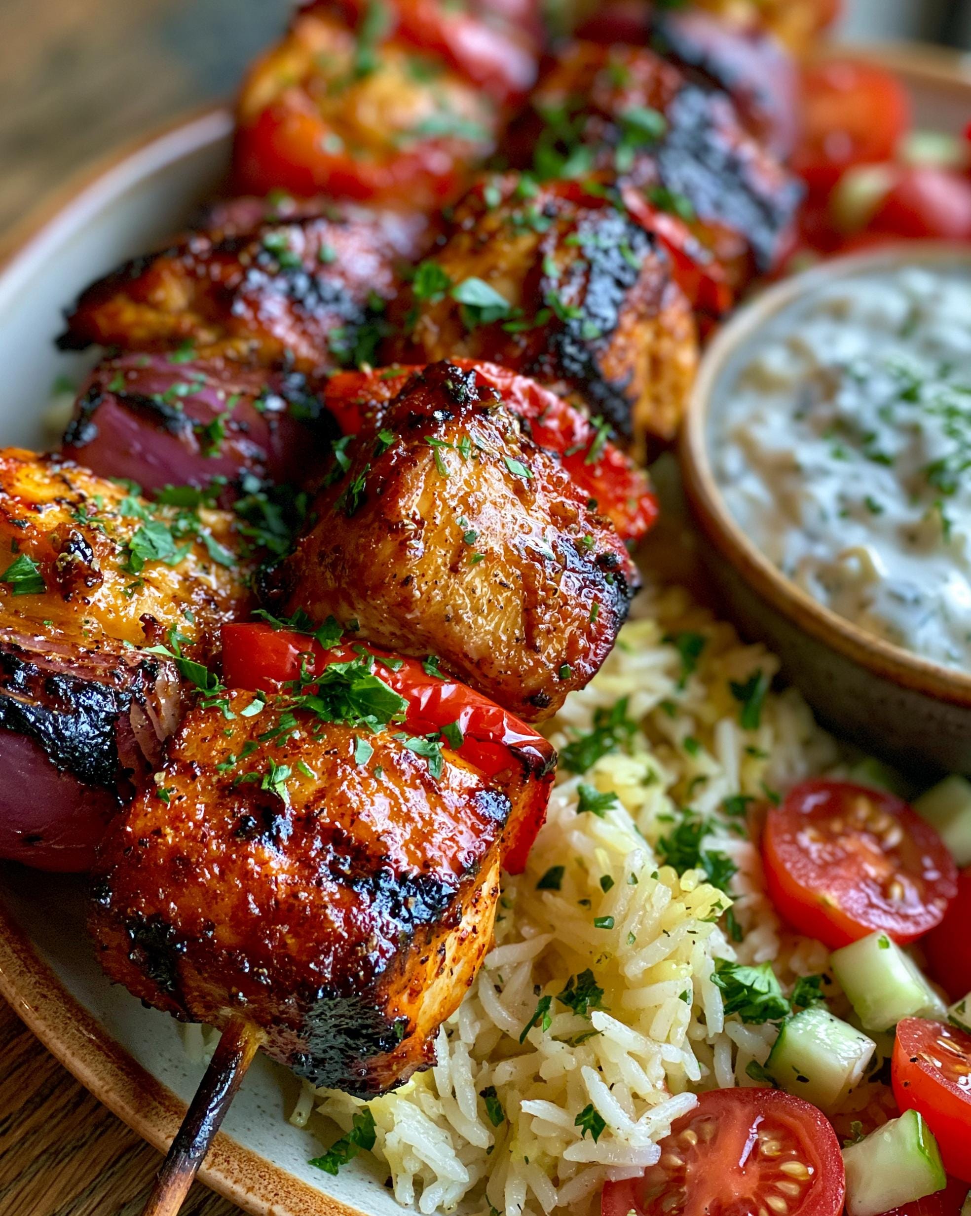 Close-up of juicy Grilled Chicken Skewers served with fluffy rice, fresh tomatoes, cucumber, and a side of creamy sauce.