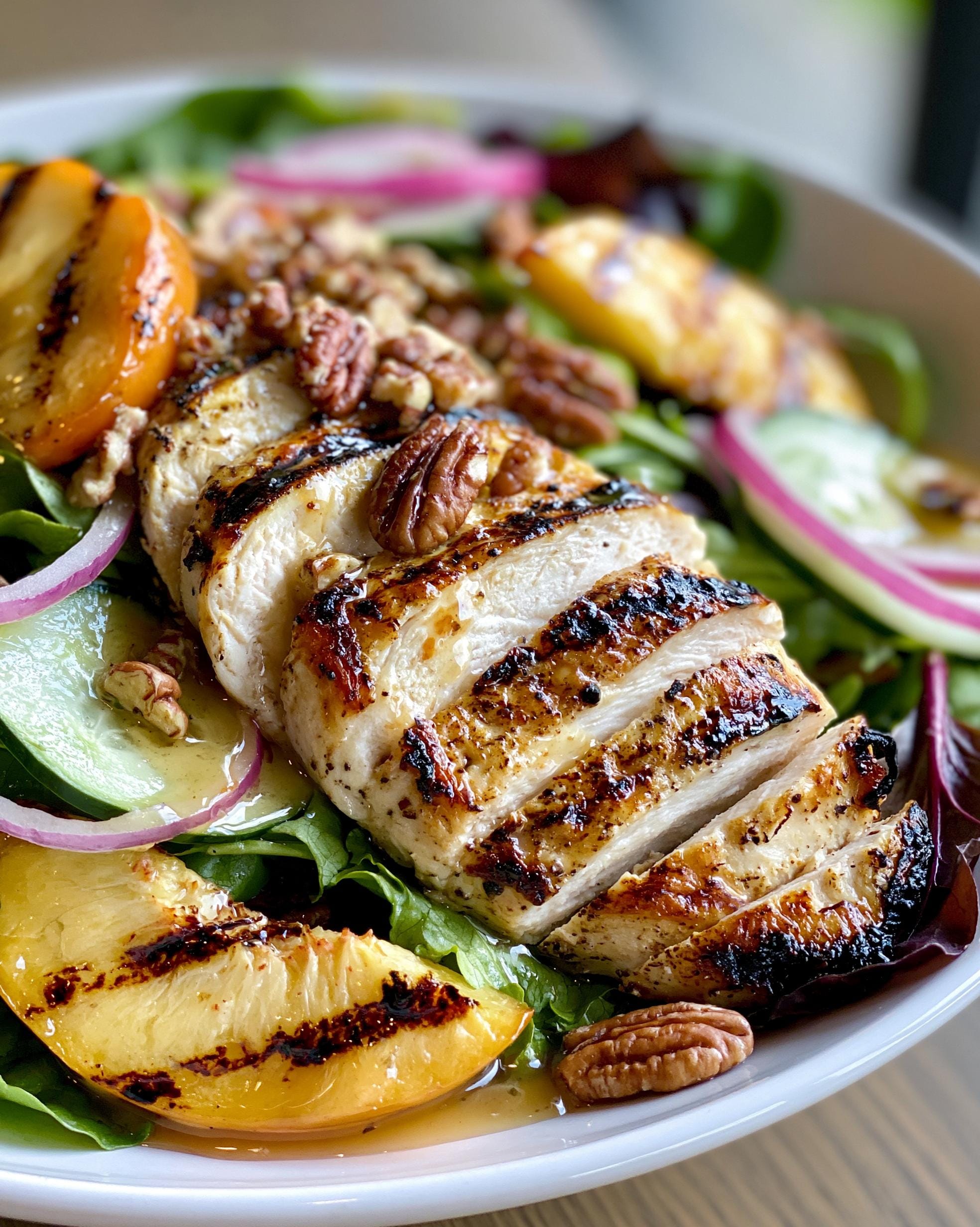A close-up of a delicious Grilled Peach Chicken Salad featuring sliced grilled chicken, grilled peach slices, pecans, and red onion.