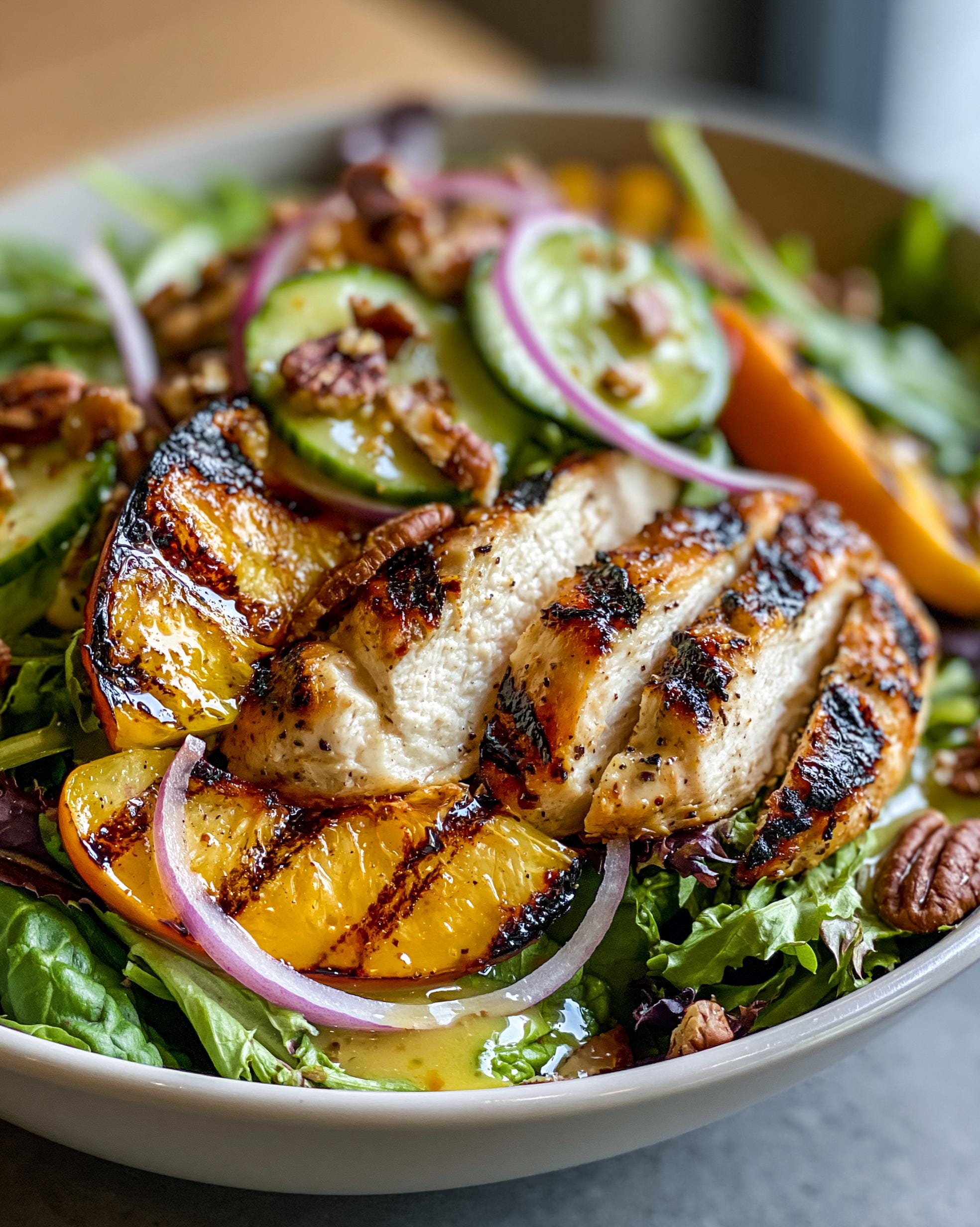 A close-up of a Grilled Peach Chicken Salad featuring sliced grilled chicken breast, grilled peach slices, cucumber, red onion, and pecans on a bed of mixed greens.