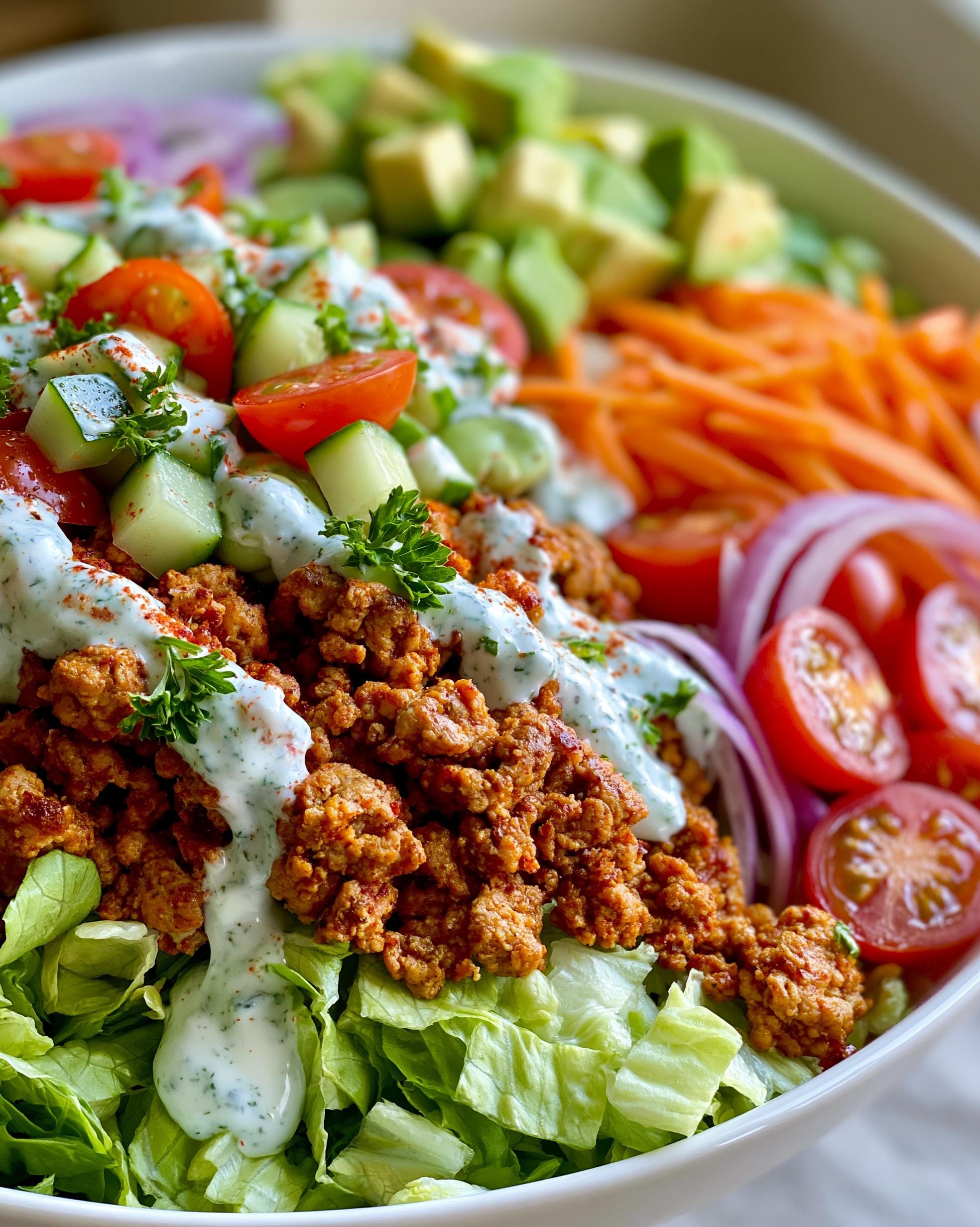 A vibrant Ground Turkey Bowl filled with seasoned ground turkey, lettuce, tomatoes, cucumbers, carrots, red onion, and avocado, drizzled with a creamy dressing.
