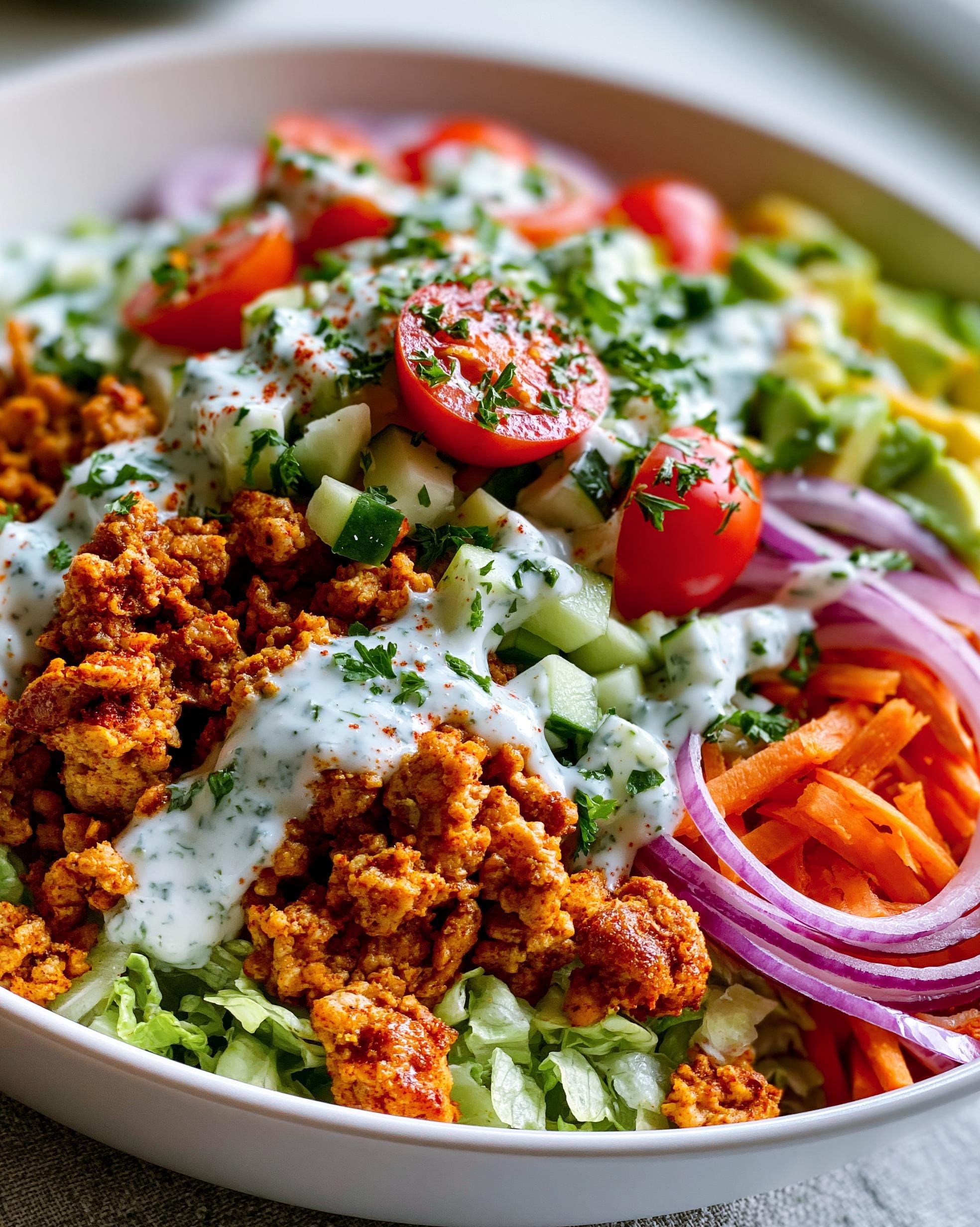 A vibrant Ground Turkey Bowl filled with seasoned ground turkey, shredded lettuce, diced tomatoes, cucumber, red onion, shredded carrots, and creamy dressing.