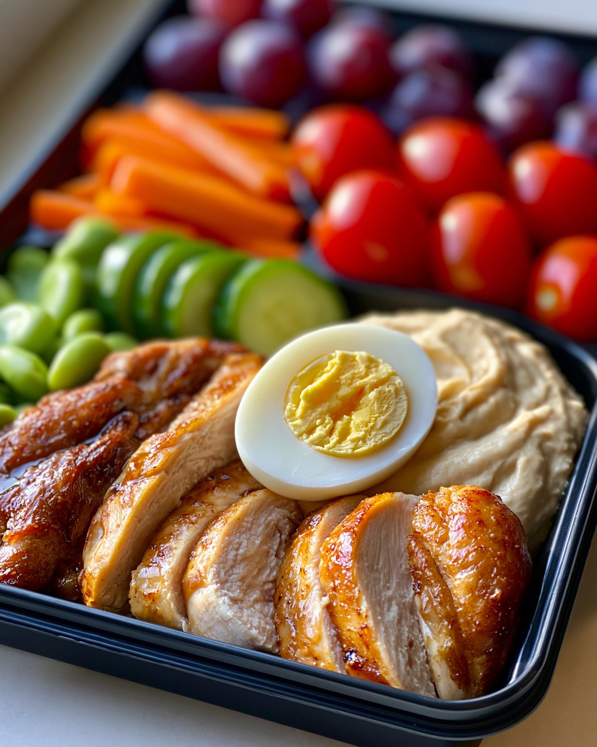 A close-up of a High Protein Bento Box featuring sliced grilled chicken, hummus, a hard-boiled egg, edamame, cucumber, carrots, tomatoes, and grapes.