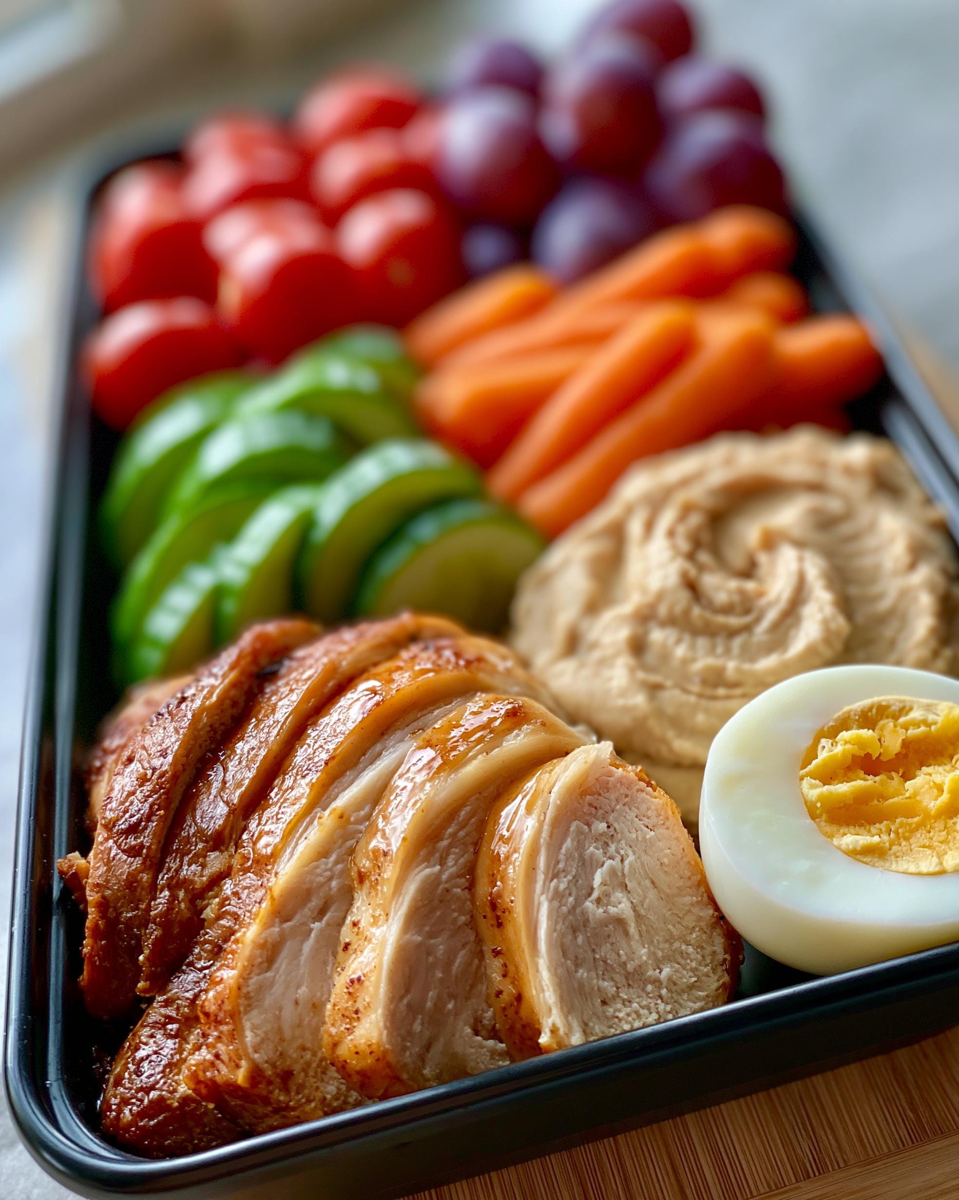 A high protein bento box filled with sliced chicken breast, hummus, hard-boiled egg, cucumber slices, baby carrots, cherry tomatoes, and grapes.
