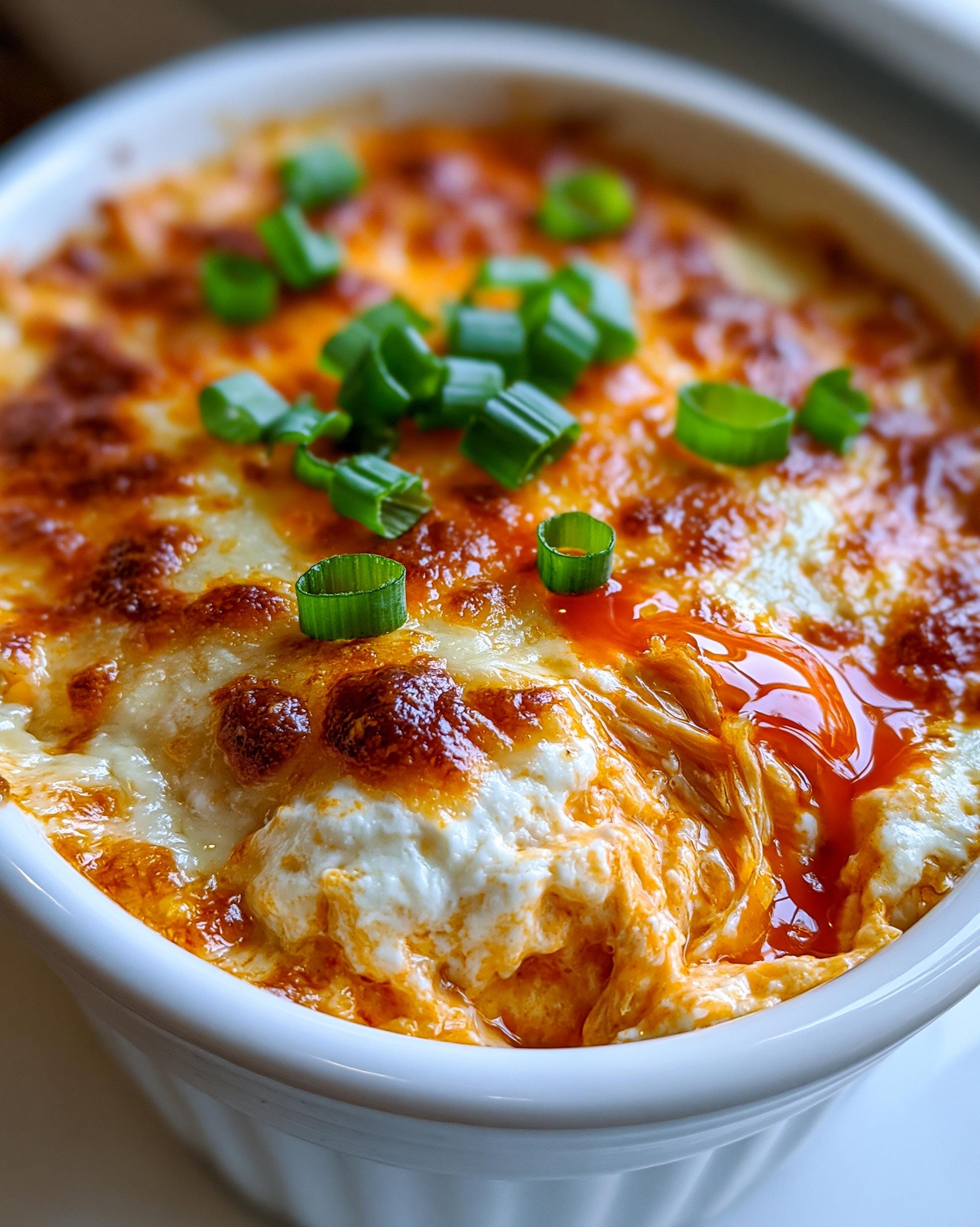 A close-up of a bubbling, cheesy Buffalo Chicken Dip in a white ramekin, topped with fresh green onions.