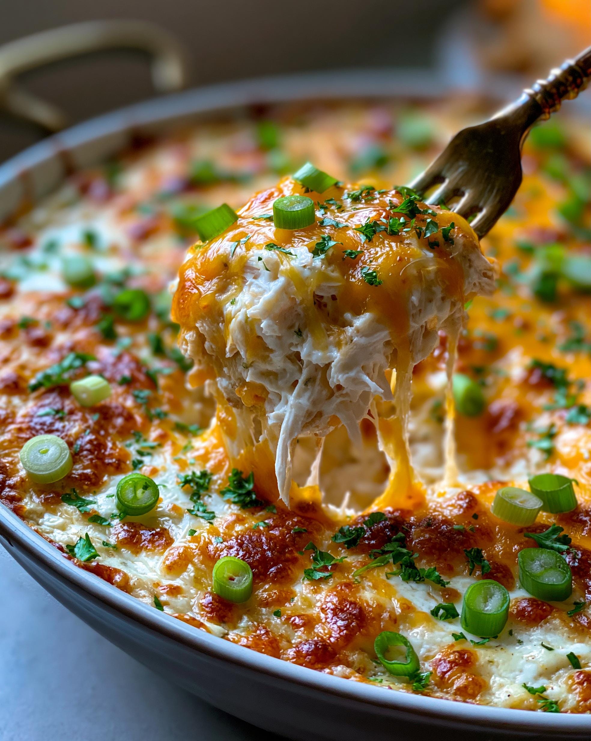 A fork lifting a cheesy, creamy portion of High Protein Chicken Ranch Dip, garnished with green onions and parsley.