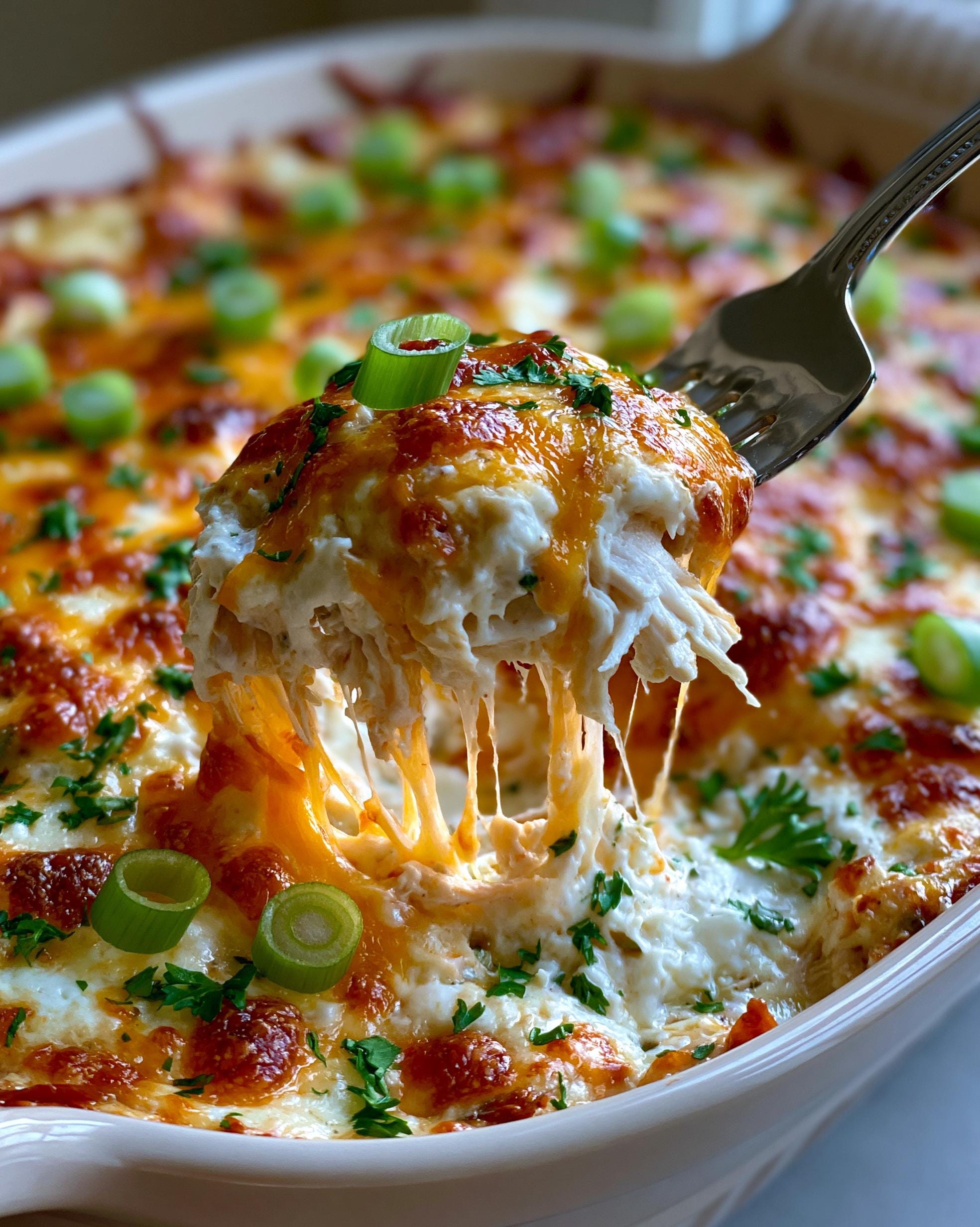 A fork lifting a scoop of cheesy High Protein Chicken Ranch Dip, showing melted cheese strings and shredded chicken.