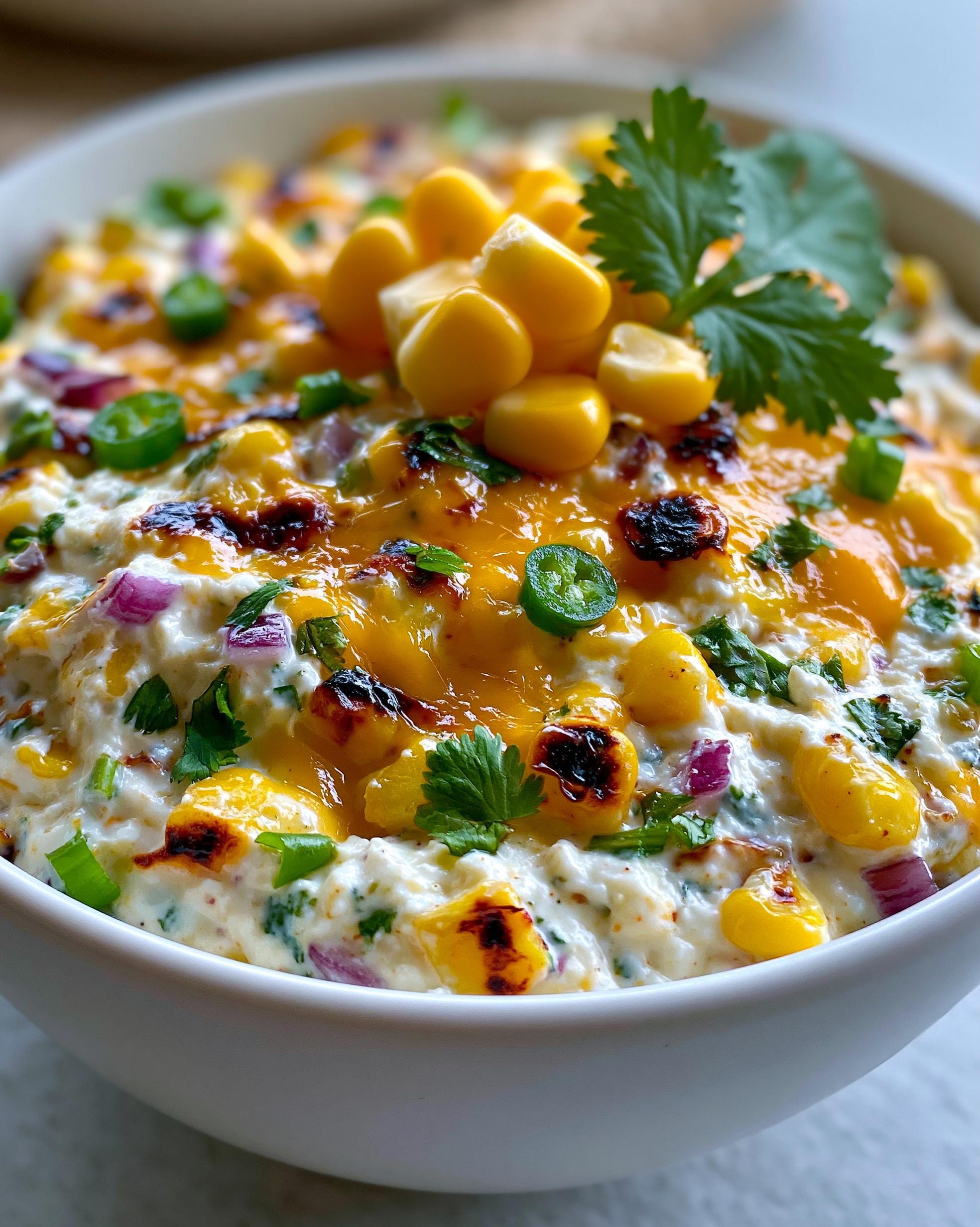 Close-up of a bowl of High Protein Corn Dip, featuring melted cheese, corn kernels, red onion, jalapenos, and cilantro.