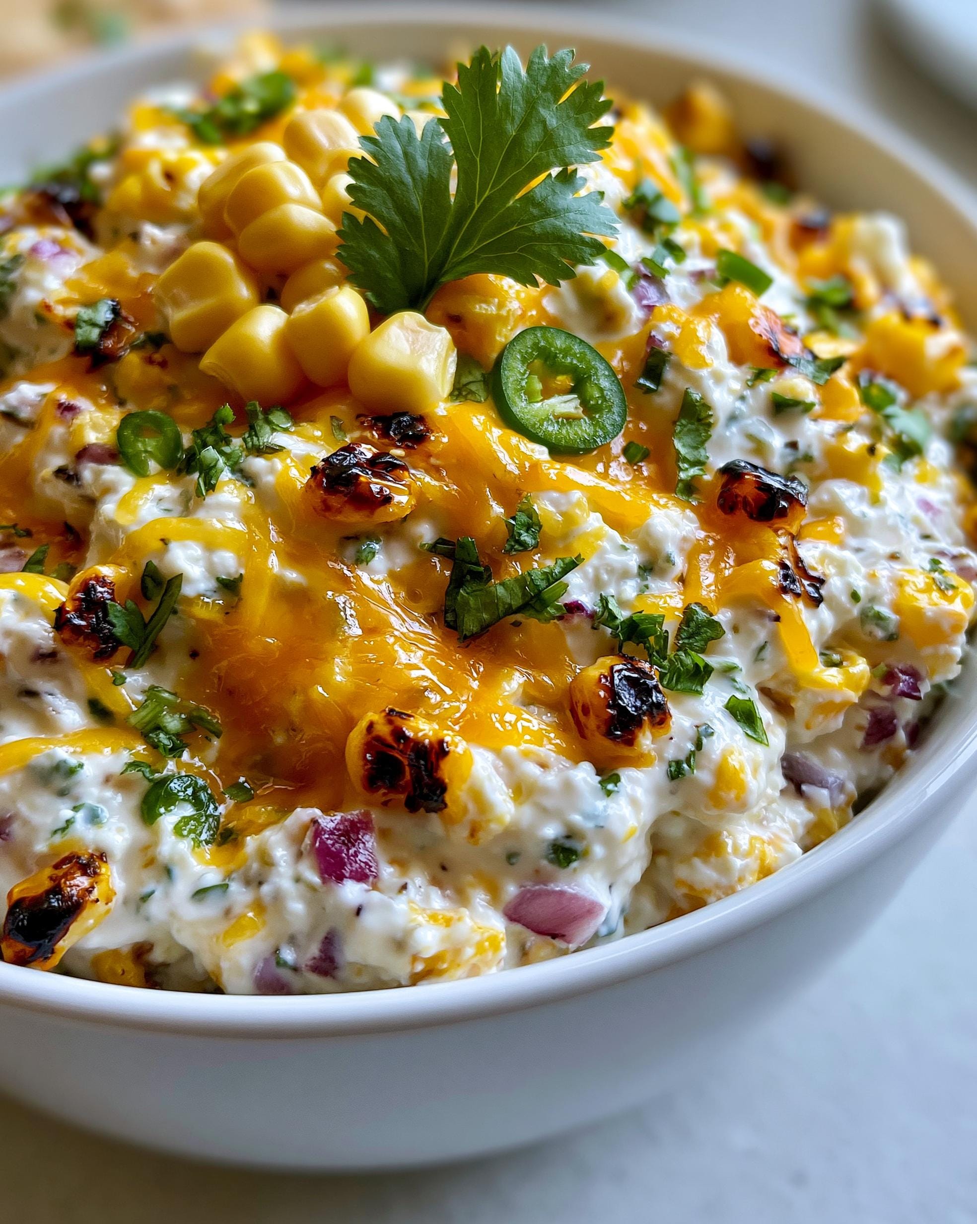 A close-up of a bowl filled with High Protein Corn Dip, topped with melted cheese, corn kernels, cilantro, and jalapeño slices.