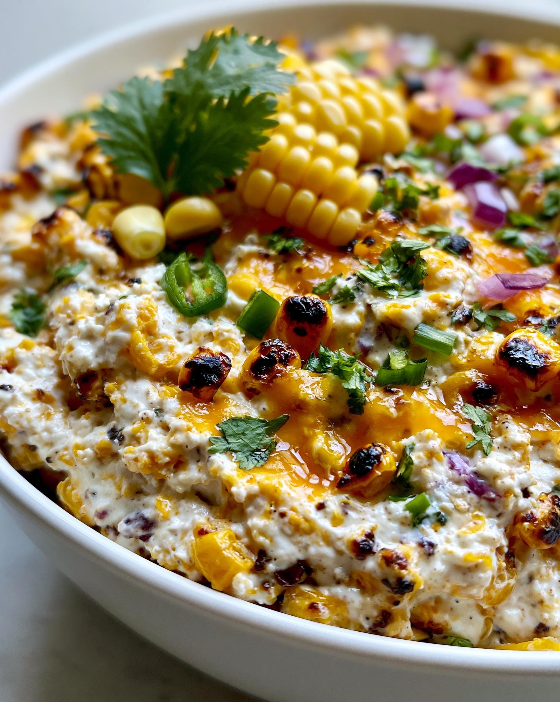 A close-up of a creamy High Protein Corn Dip, featuring charred corn kernels, melted cheese, cilantro, and jalapeños in a white bowl.