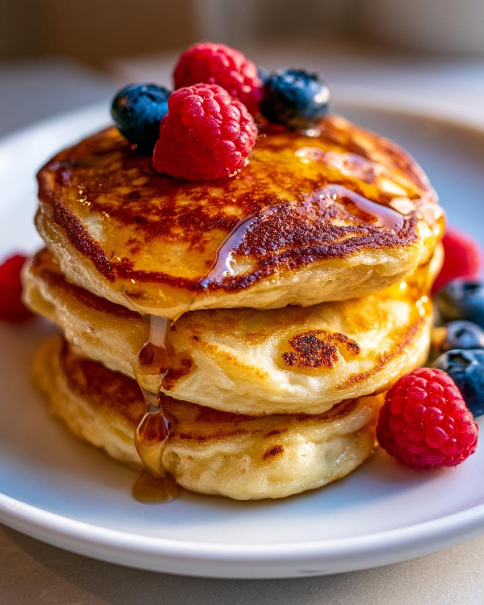 Stack of fluffy High Protein Cottage Cheese Pancakes topped with fresh raspberries, blueberries, and drizzled with syrup.