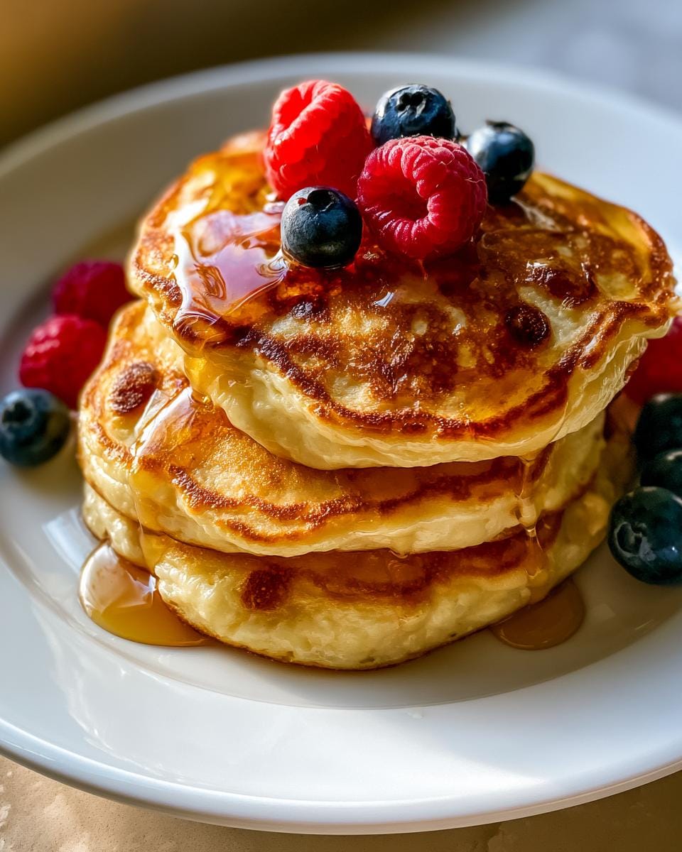 Stack of fluffy High Protein Cottage Cheese Pancakes topped with fresh raspberries, blueberries, and drizzled with syrup.
