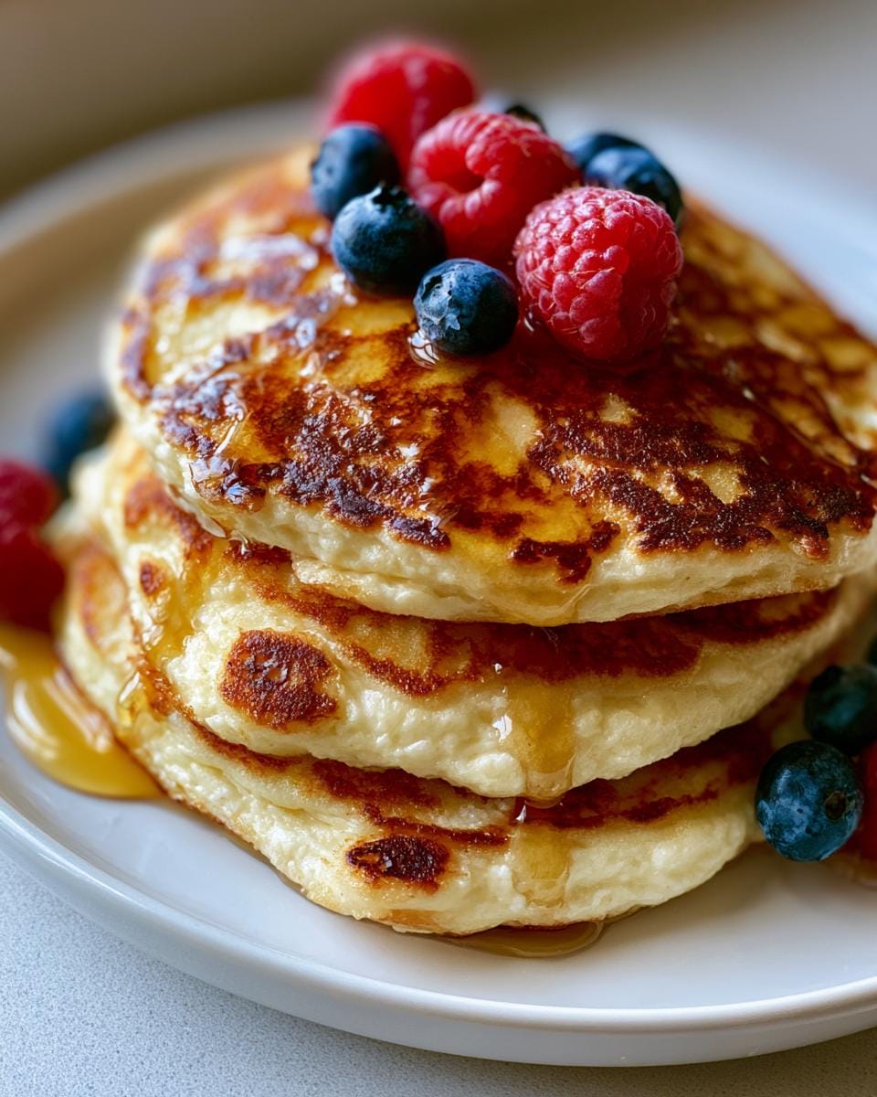 Stack of fluffy High Protein Cottage Cheese Pancakes topped with fresh raspberries, blueberries, and drizzled with syrup.