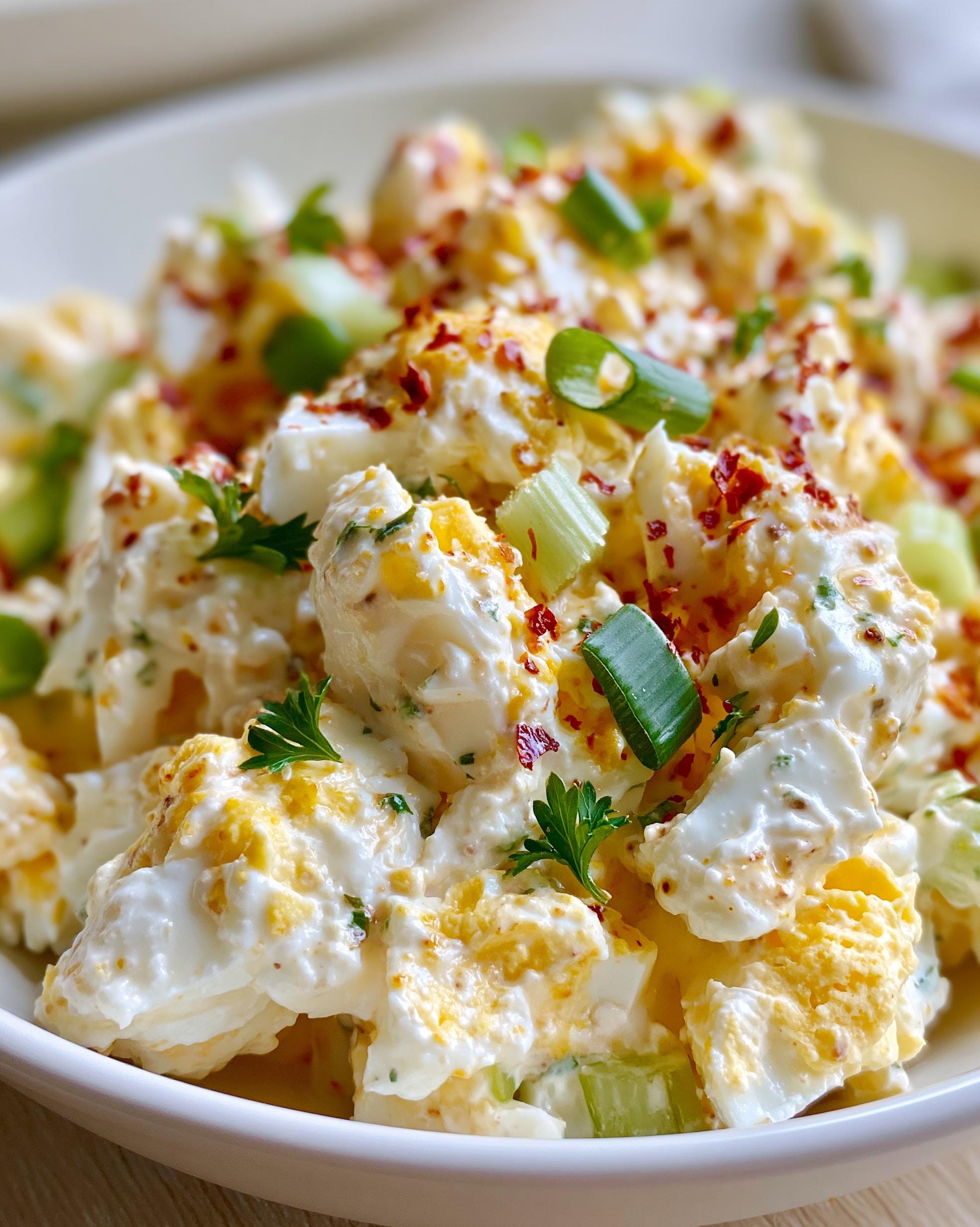 A close-up of a bowl of High Protein Egg Salad, featuring chopped eggs, creamy dressing, celery, and green onions.