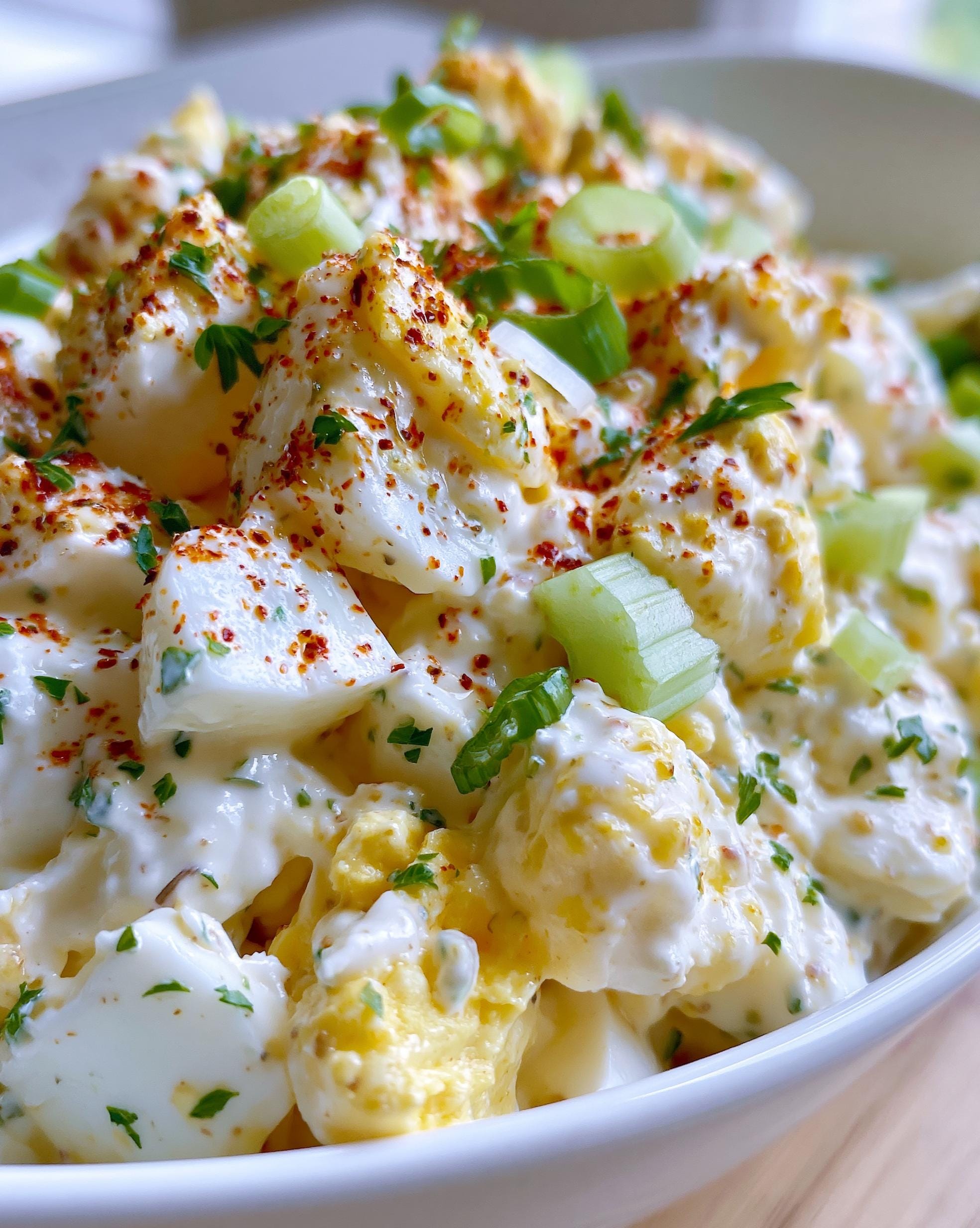 A close-up of creamy High Protein Egg Salad, topped with chopped celery, parsley, and paprika.