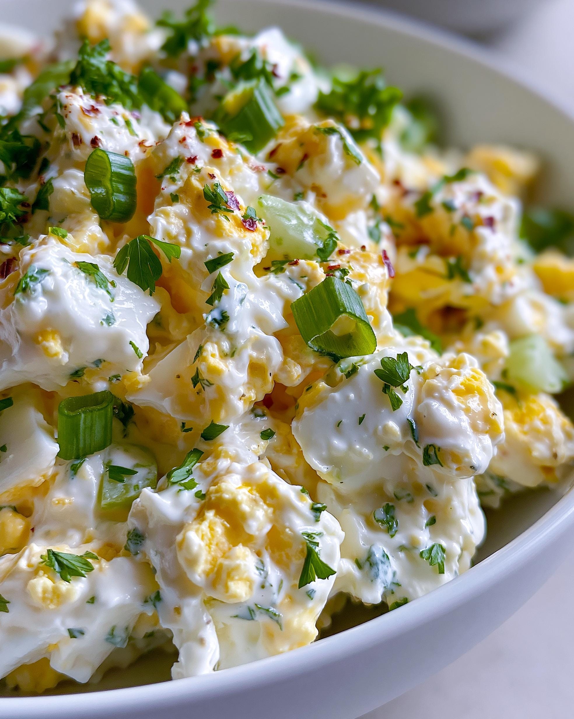 Close-up of a bowl of High Protein Egg Salad, creamy and mixed with chopped eggs, scallions, parsley, and chili flakes.