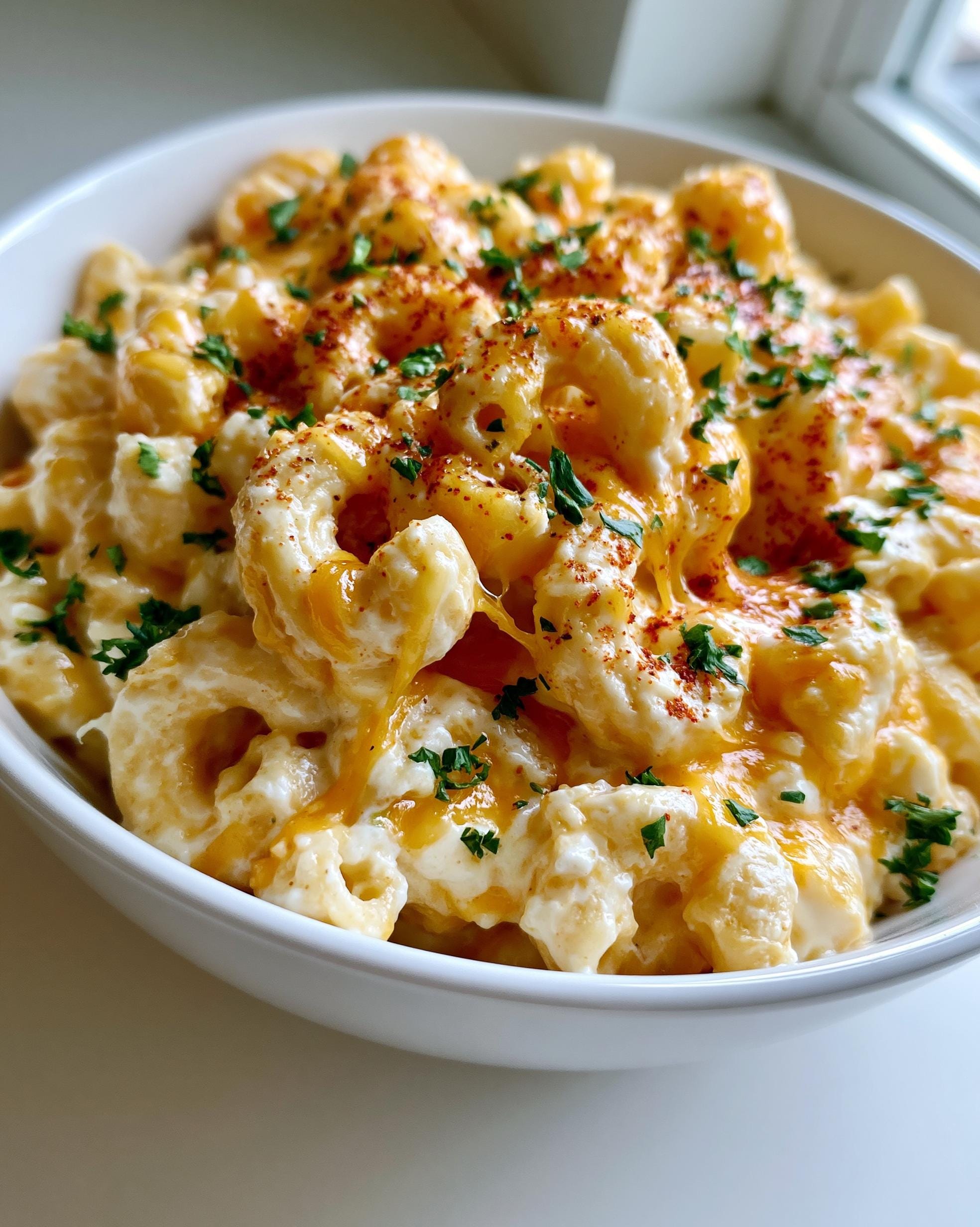 A close-up of a bowl filled with creamy High Protein Mac and Cheese, topped with melted cheese and fresh parsley.