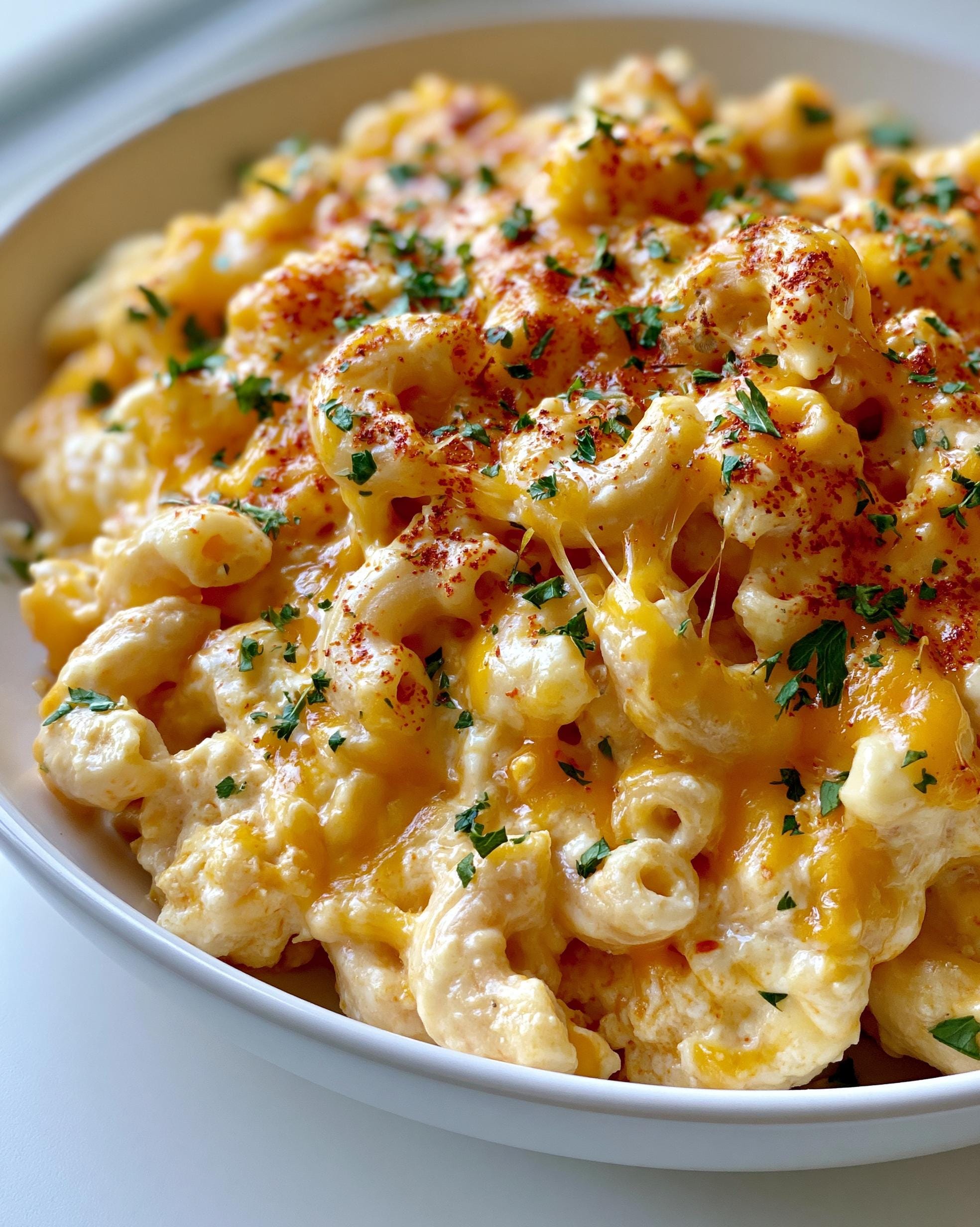 Close-up of creamy High Protein Mac and Cheese in a white bowl, topped with melted cheese and parsley.