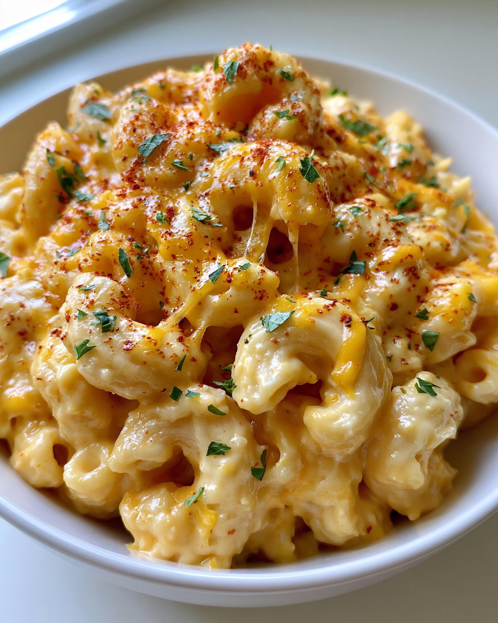 A close-up, mouthwatering shot of creamy High Protein Mac and Cheese, topped with paprika and parsley.