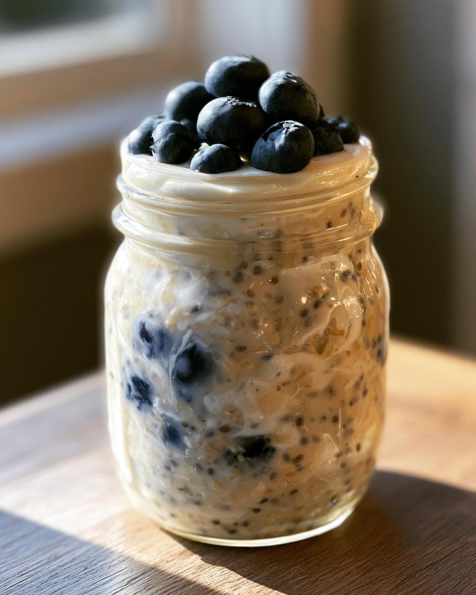 Close-up of High Protein Overnight Oats in a mason jar, topped with fresh blueberries and creamy yogurt.