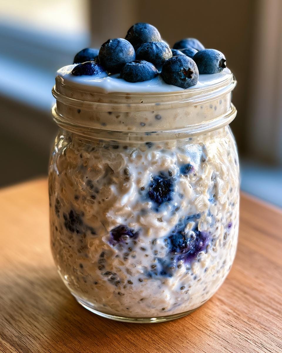 A close-up of High Protein Overnight Oats in a mason jar, topped with yogurt and fresh blueberries.
