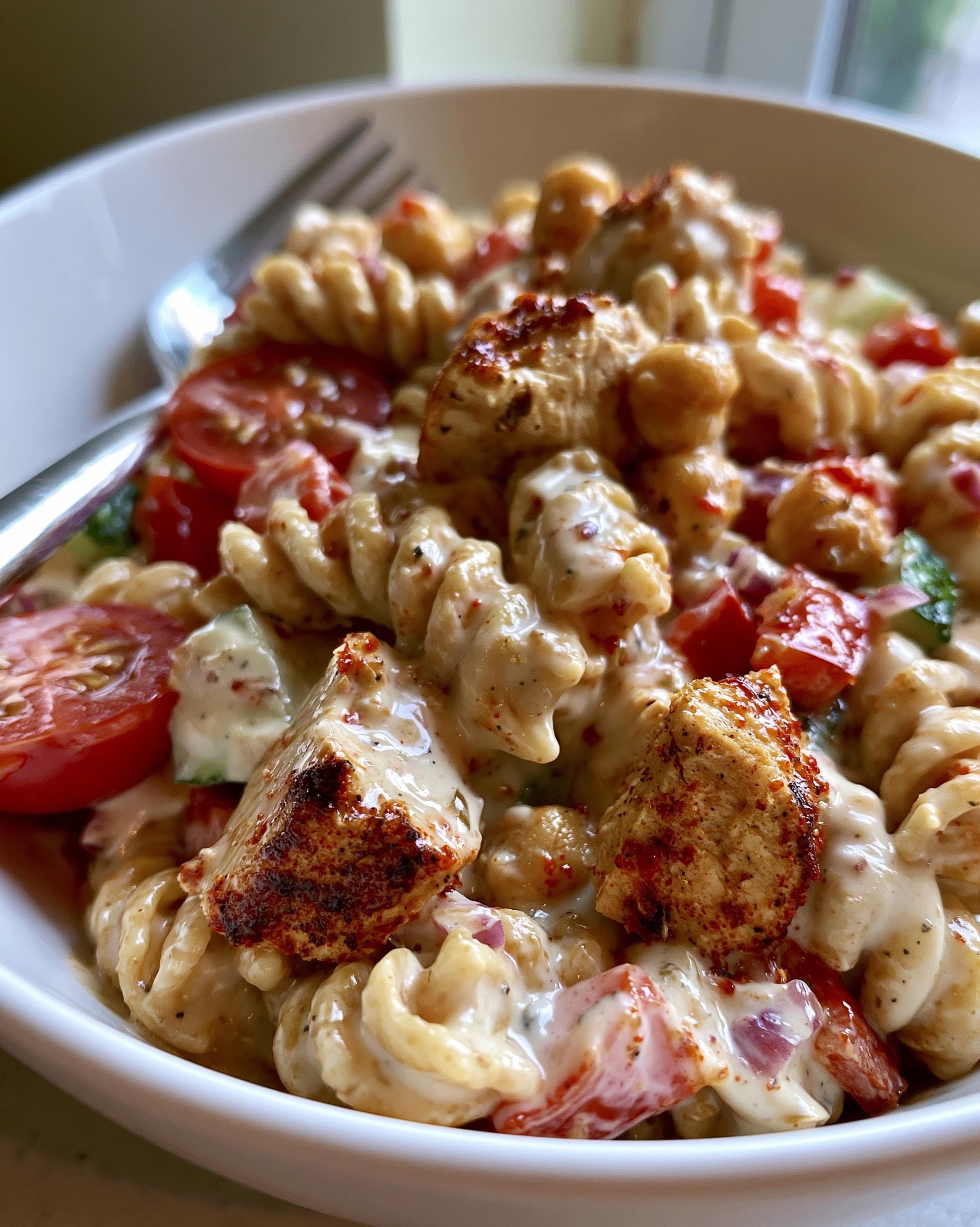 A close-up of a bowl of High Protein Pasta Salad with rotini pasta, grilled chicken, cherry tomatoes, and creamy dressing.