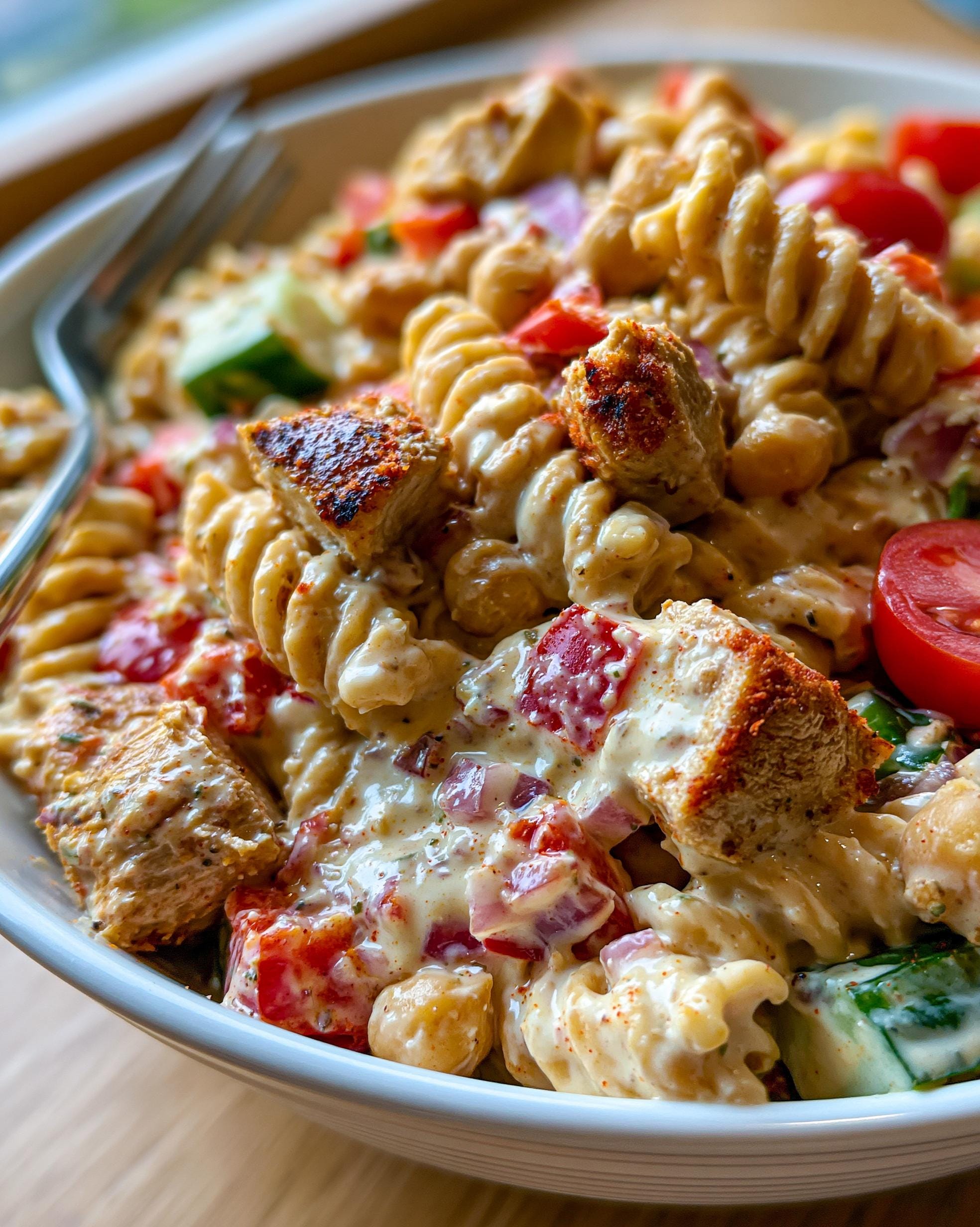 A close-up of a bowl filled with High Protein Pasta Salad, featuring rotini pasta, grilled chicken pieces, chickpeas, tomatoes, and cucumber in a creamy dressing.