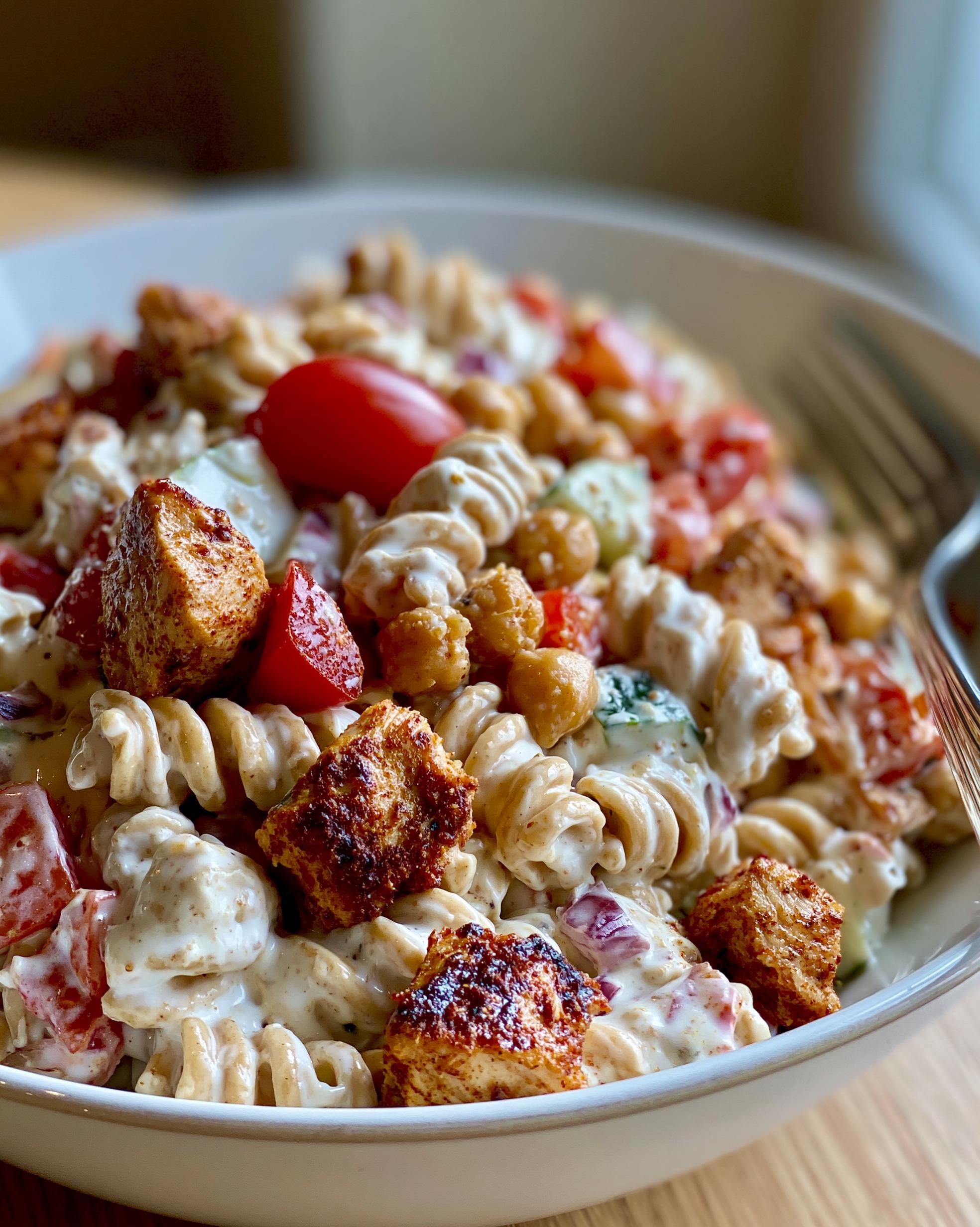 Close-up of a bowl of High Protein Pasta Salad featuring fusilli pasta, grilled chicken, cherry tomatoes, cucumbers, and chickpeas in a creamy dressing.